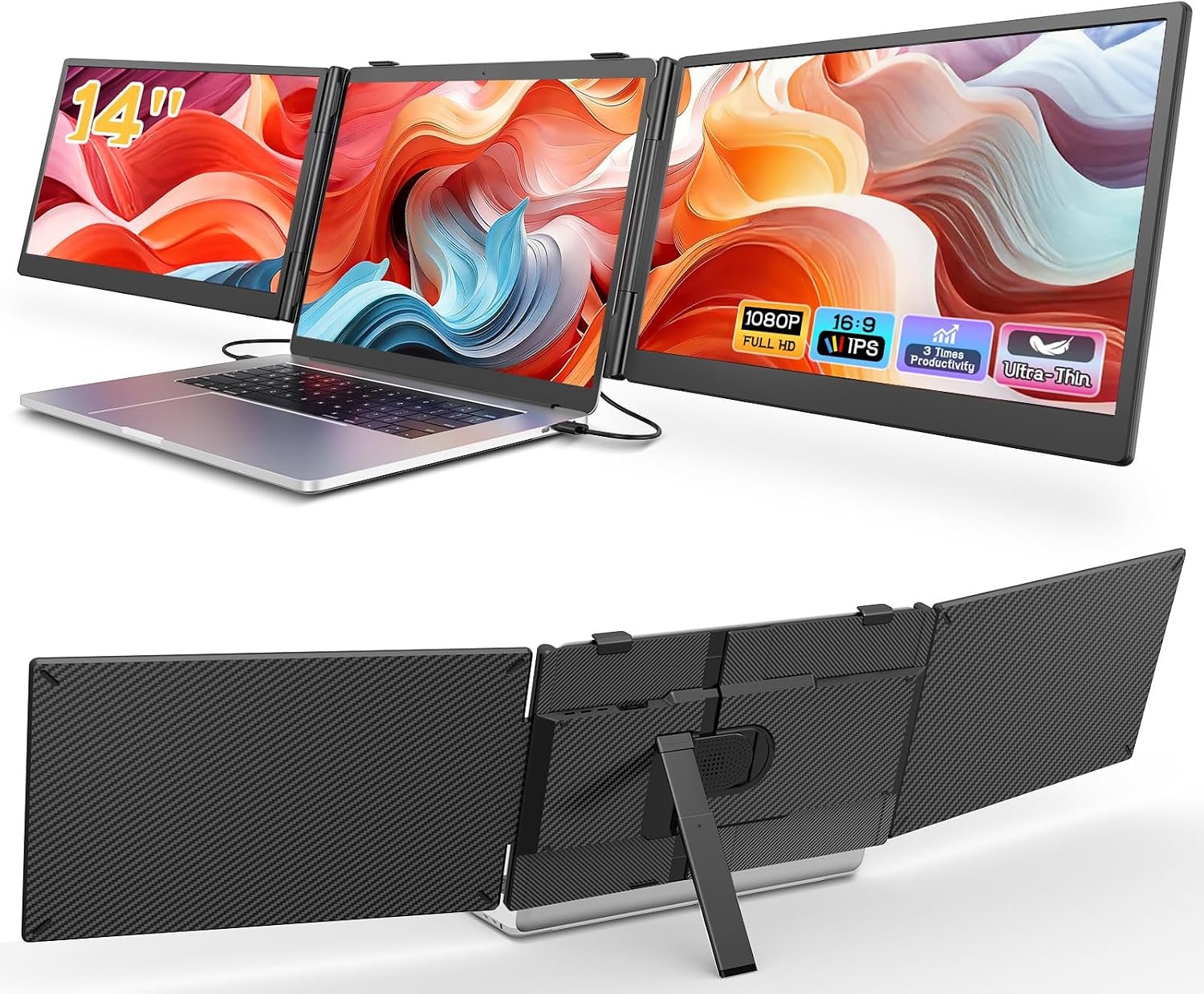 Laptop Screen Extender, 14” FHD 1080P Ultra-Slim Triple Portable Monitor for Laptops, Two Cable USB-C Travel Monitor Extender Plug & Play for 13″-17″ Laptop, Compatible with Wins/Mac/Android/Chrome