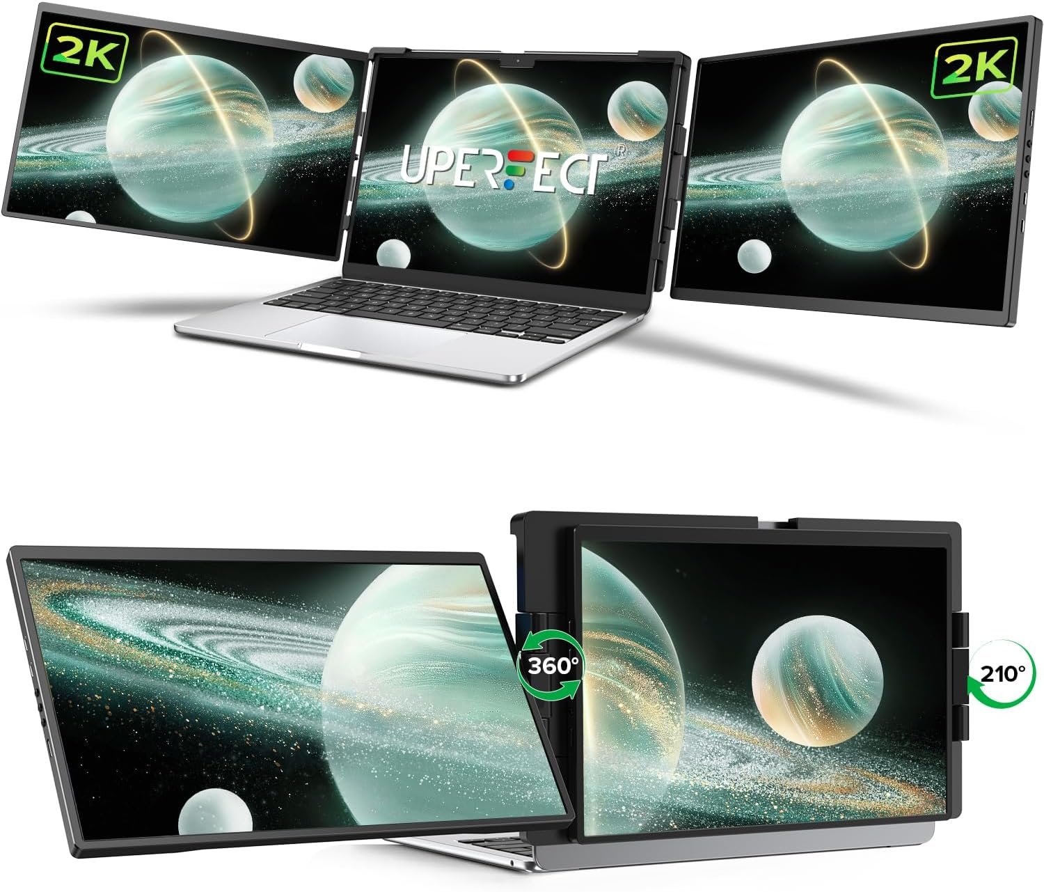 UPERFECT Laptop Screen Extender, 2K 14″ 360° Patented Unique Swivel Hinge Triple Monitor, 2240×1400 QHD IPS Portable Dual Monitor for 13.3″-17.3” Laptops, Plug & Play with Mac, Wins, Android