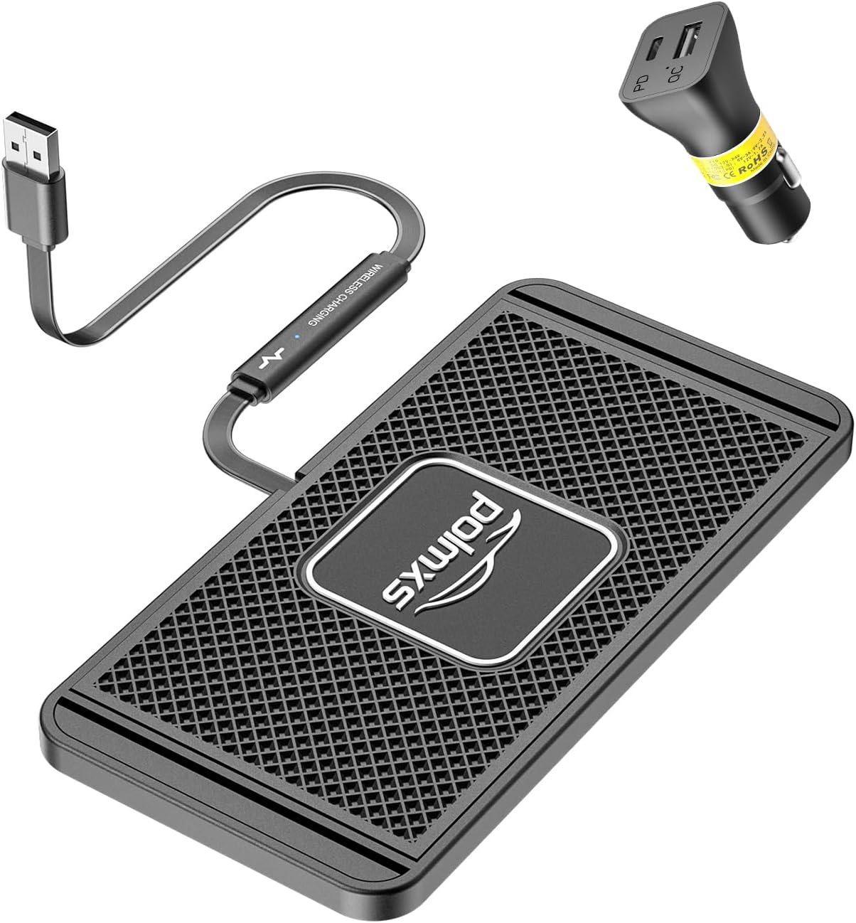 Wireless Charger Car Charging pad,POLMXS 15W Fast Wireless Phone Charger Non Slip Cell Phone Flat Charging mat Compatible with iPhone 11/12/12/14/15 Galaxy S21/S22/S23/24 NOTE10 (30cm Cable)(C2Y)