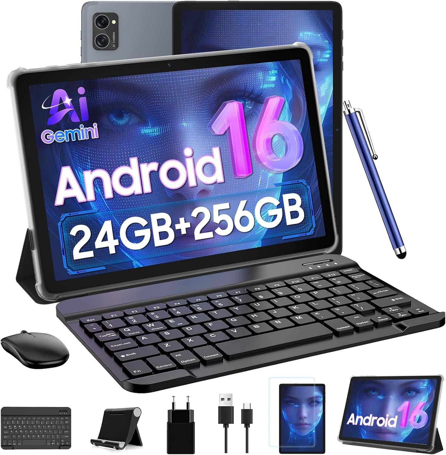 Tablet 2026 Latest Android 16 Tablet, 10 Inch Tablet with 24GB RAM 256GB ROM (2TB Expandable), Octa-Core Android Tablet with Gemini AI, Widevine L1, 5000mAh, 2in1 Tablet with Keyboard, Mouse & Pen