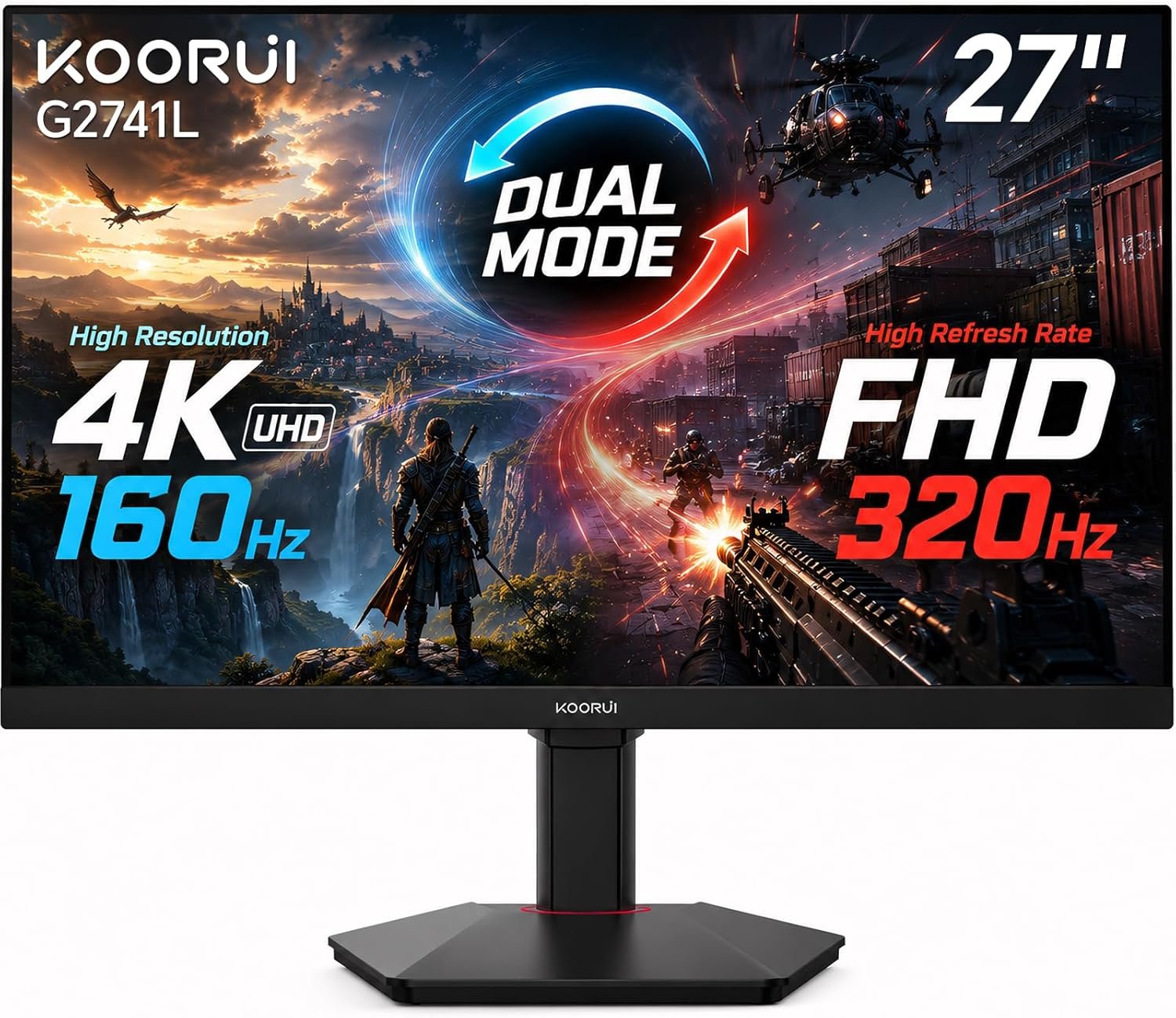 KOORUI 27″ 4K Gaming Monitor – Dual Mode UHD 160Hz or FHD 320Hz, Fast IPS 1ms, FreeSync Premium & G-SYNC Compatible, HDMI 2.1/DP 1.4, HDR400, Height/Pivot/Tilt Adjustable, PC & Console Ready, G2741L