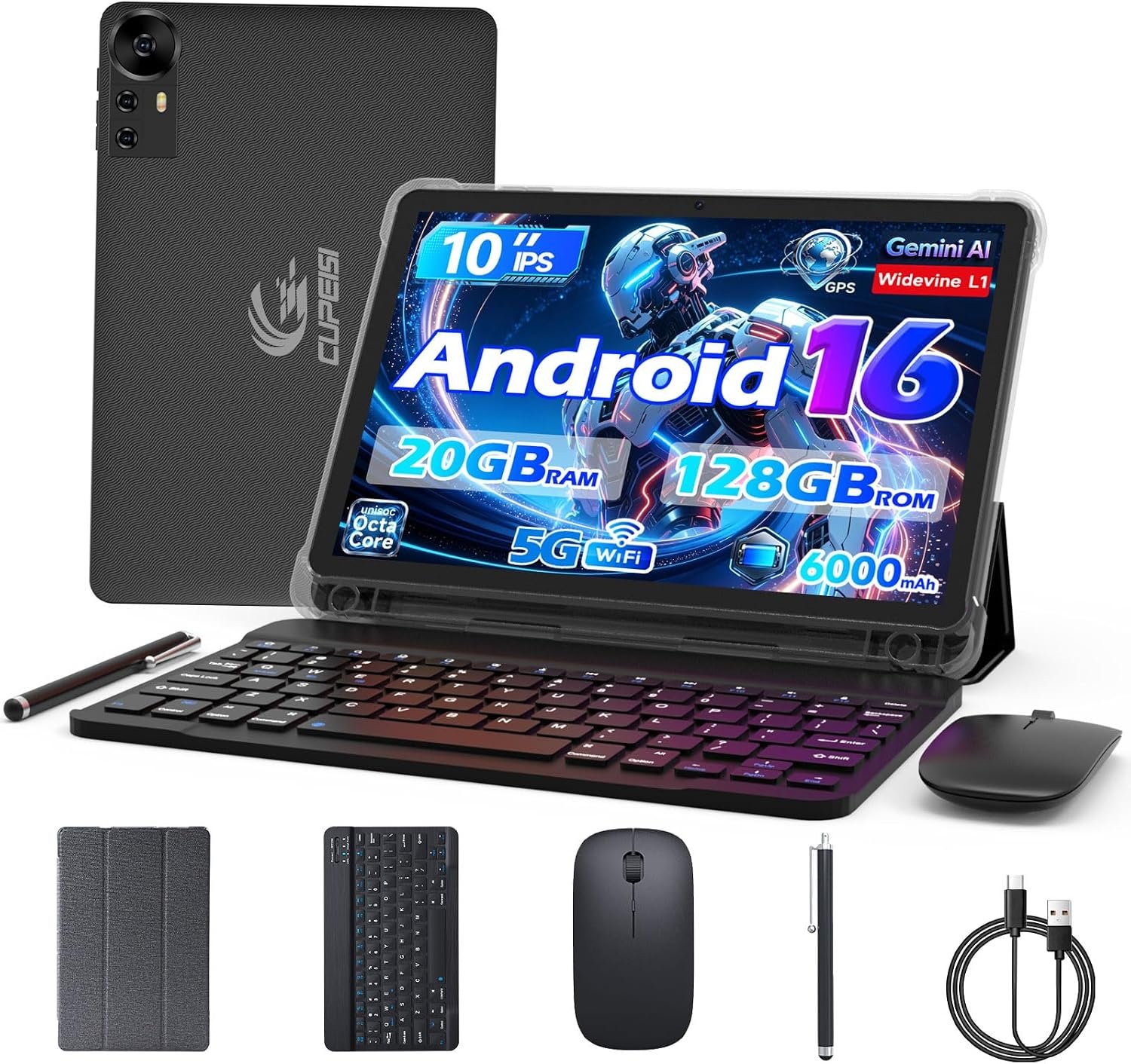 CUPEISI Android 16 Tablet 10 Inch, 20GB RAM+128GB ROM/2TB Expandable, 2.0GHz Octa-core Processor, 1280*800 HD Screen, 5G WiFi6 BT 5.0, 2 in 1 Tablets with Keyboard Case Mouse Stylus, Widevine L1 Black