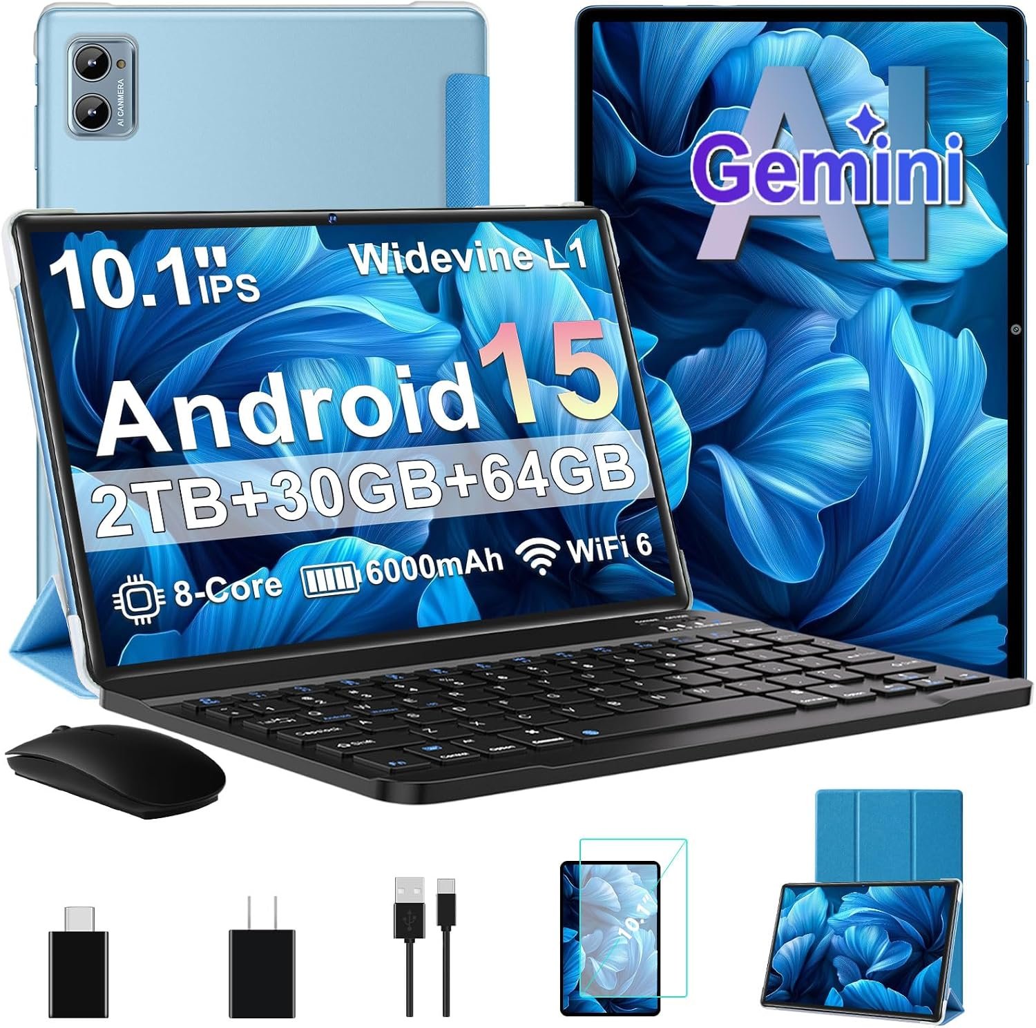Tablet 2026 Android 15 Tablets with 2.0GHz Octa-Core, 30GB 64GB 2TB Expand, 10 inch Tablet with Keyboard, FHD IPS Display, Gemini AI, 8MP Camera, WiFi 6, 6000mAh, Widevine L1, BT 5.0 -Blue