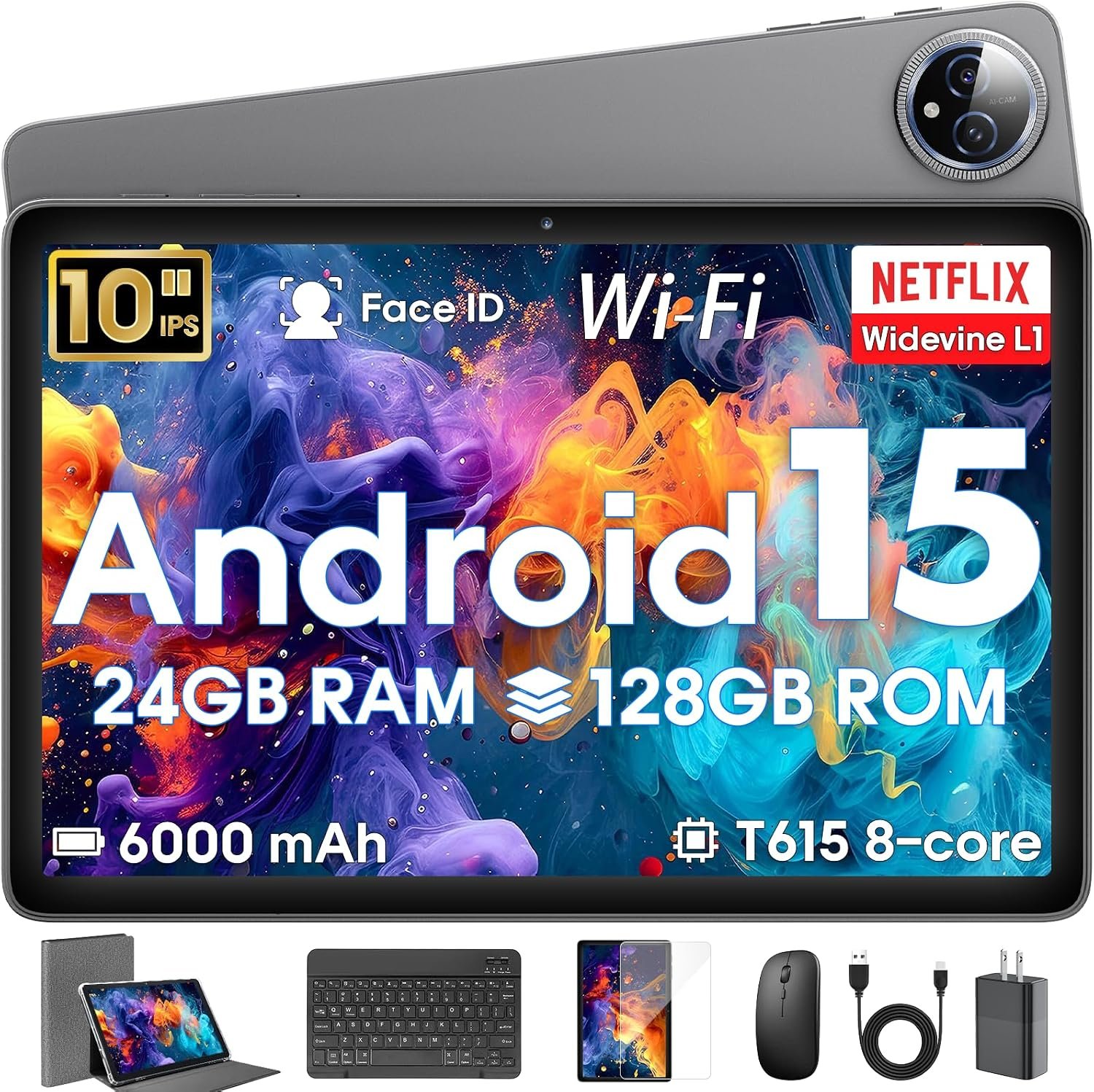 Computer Tablet with Keyboard, Stylus and Mouse, for Adults, Gray | Android 15, 24GB RAM+128GB ROM,1TB Expand,Octa-Core, 6000mAh,Widevine L1, 1280x800px, WiFi, T615 CPU, 5MP+8MP, Gemini AI, GPS
