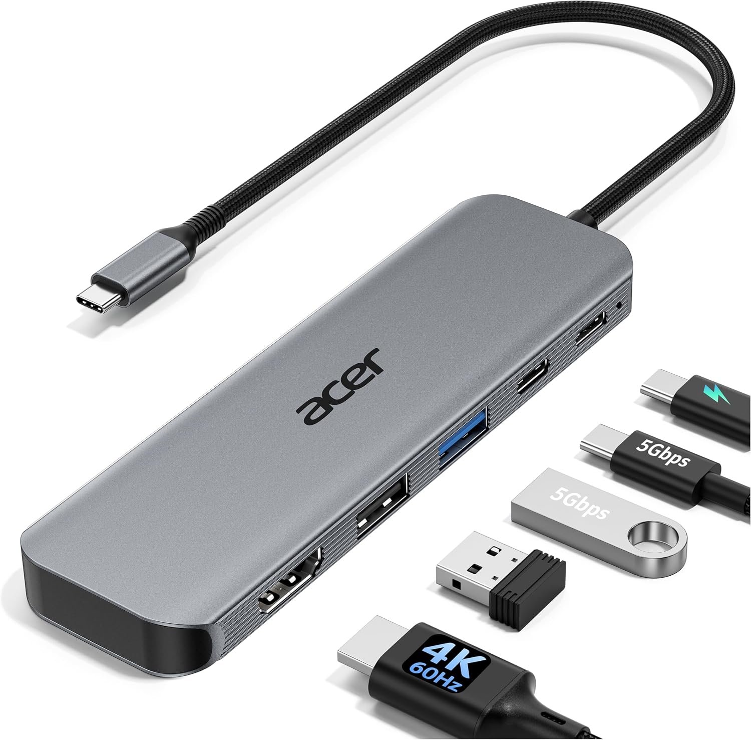 acer USB C Hub 5-in-1, 4K@60Hz USB-C to HDMI Multiport Adapter Aluminium | USB-A & USB-C 5Gbps Data, USB-A 2.0, 100W PD Port, Type C Splitter for Laptop, MacBook Neo/Pro/Air, Mac mini M4, Surface, S26