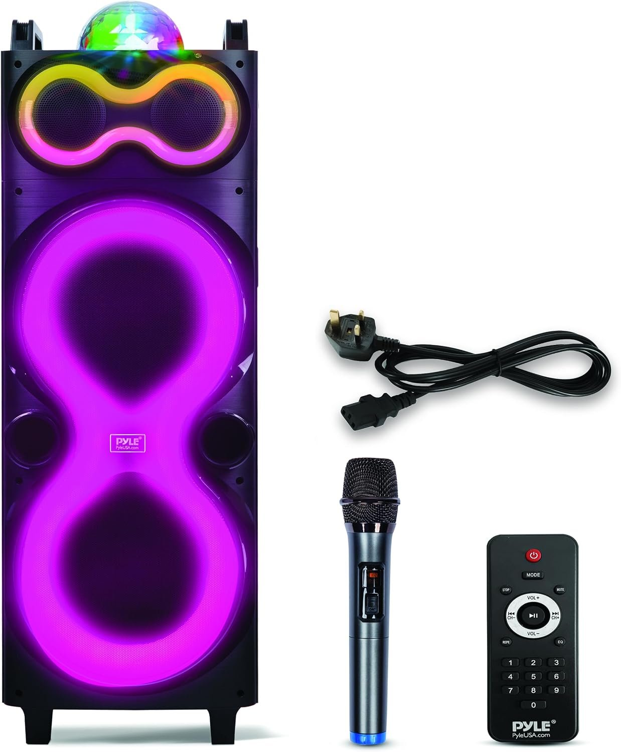 Pyle Bluetooth Speaker System with Wireless Mic, 240W PA and Karaoke Machine, Dual 10″ Inch Speakers, Rechargeable Battery, USB/SD/AUX/FM Radio, LED Lights, Outdoor/Indoor Party Audio