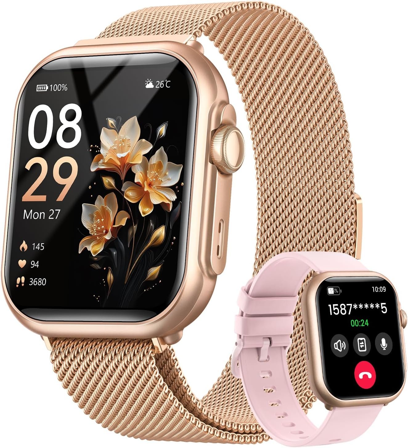 Smart Watches for Women, 1.85″ HD Smartwatch with Heart Rate/Sleep/Health Monitor, Fitness Trackers with 100+ Sports Mode、Answer/Make Call and 1000mAh Battery, Compatible iPhone/Android, with 2 Bands