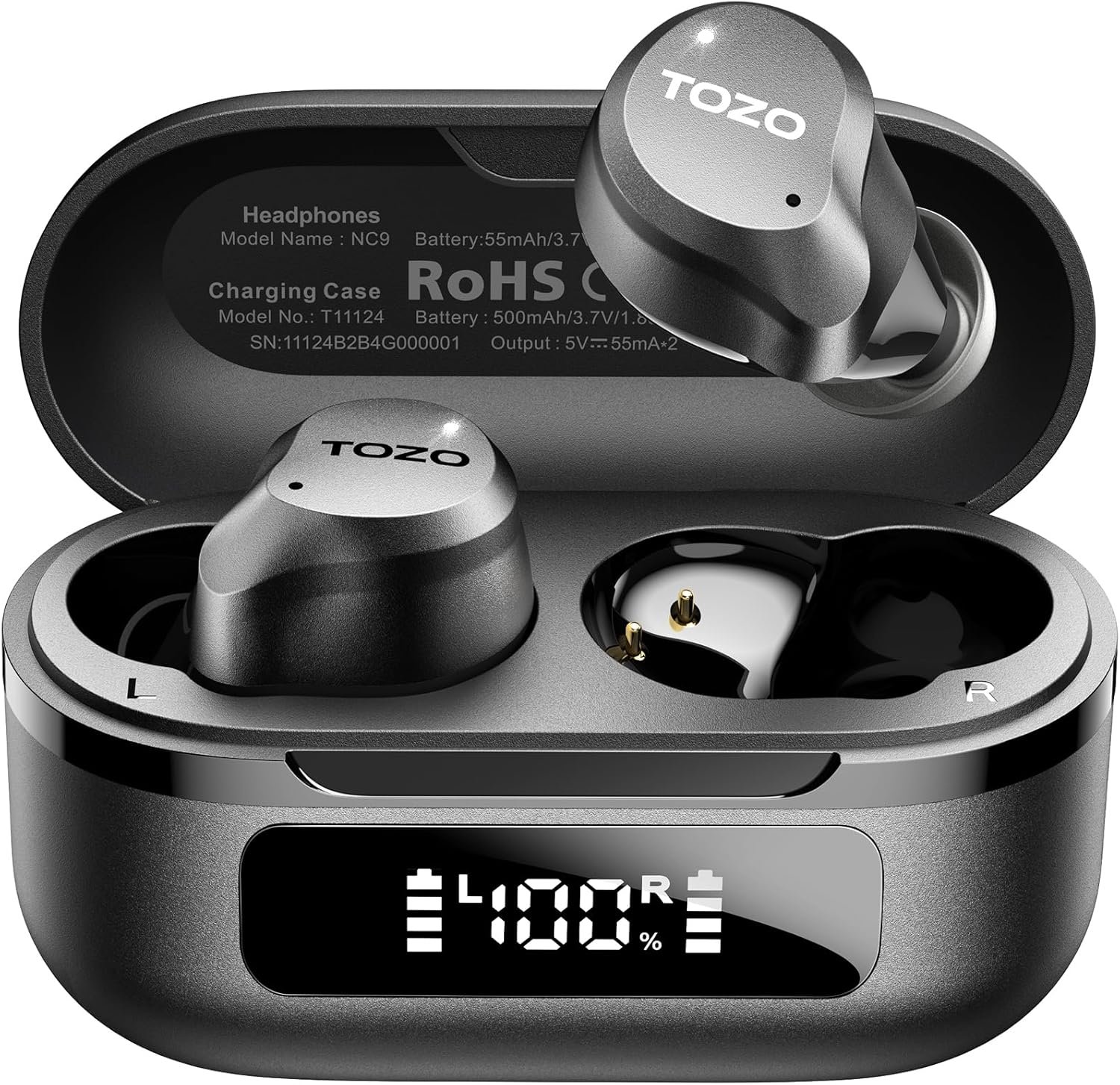 TOZO NC9 Hybrid Active Noise Cancelling Wireless Earbuds, 60H, LED Display | 6 Mic ENC Clear Calls, Deep Bass Sound, IPX8 Waterproof, in Ear Bluetooth 5.3 Headphones,32 EQs via APP, Comfort Fit Ear Buds