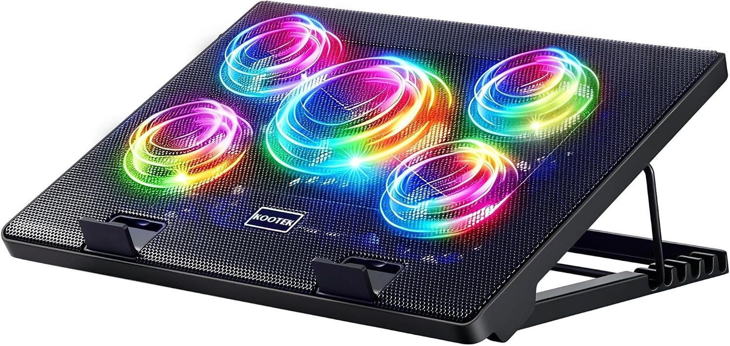 Kootek Laptop Cooling Pad, Laptop Cooler with 5 Quiet Fans for 12″-17″ Computer PC Notebook Gaming Laptop Fan, Height Adjustable Laptop Cooling Stand Laptop Accessories (Multi Colors)