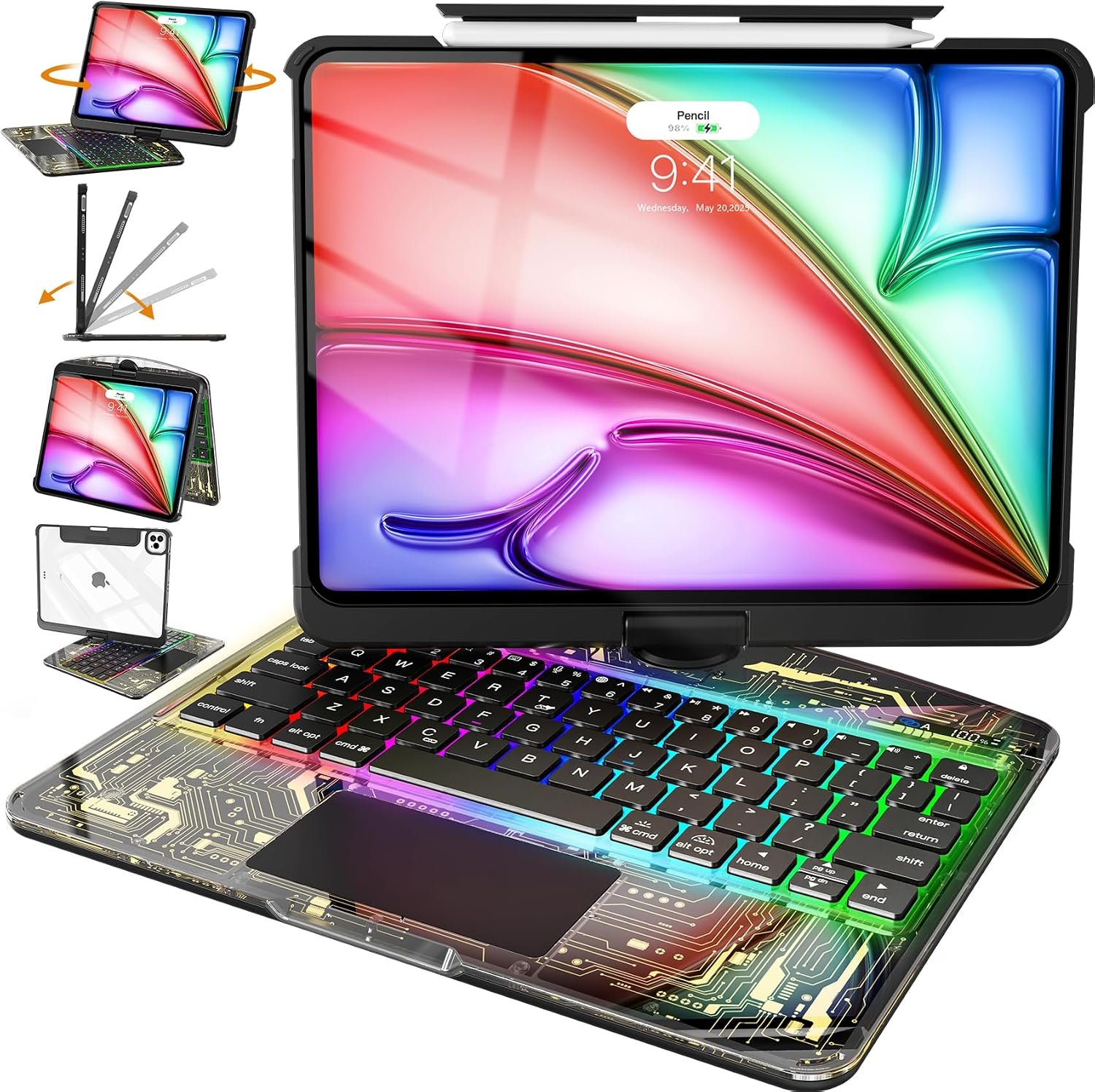Intermerge Transparent Case with Keyboard for iPad Air 11″(M4/ M3/ M2, 2026/2025/ 2024), Air 5th/4th, Pro 11″ 2022-2018, 360° Swivel Multi-Touch Trackpad, 7-Color Backlit, Pencil Holder, Shadow Pulse