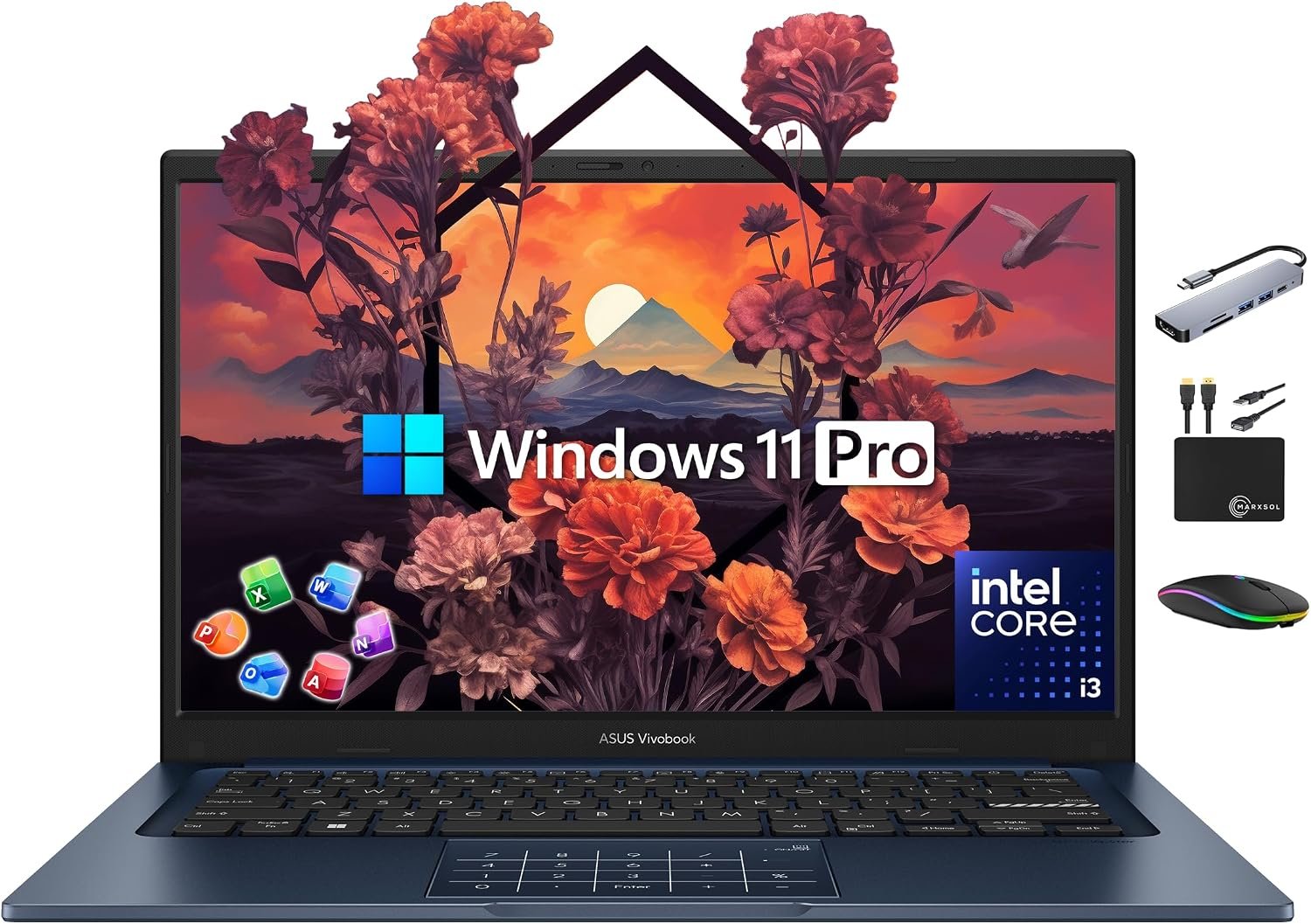 ASUS Vivobook Laptop 2025 Ultra Portable Business Computer, 14″ FHD Display, 24GB RAM, 1TB Storage (512GB SSD + 500GB Ext), 6-Core Intel i3-1315U, MarxsolAccessory, Win 11 Pro, Lifetime Office 2024