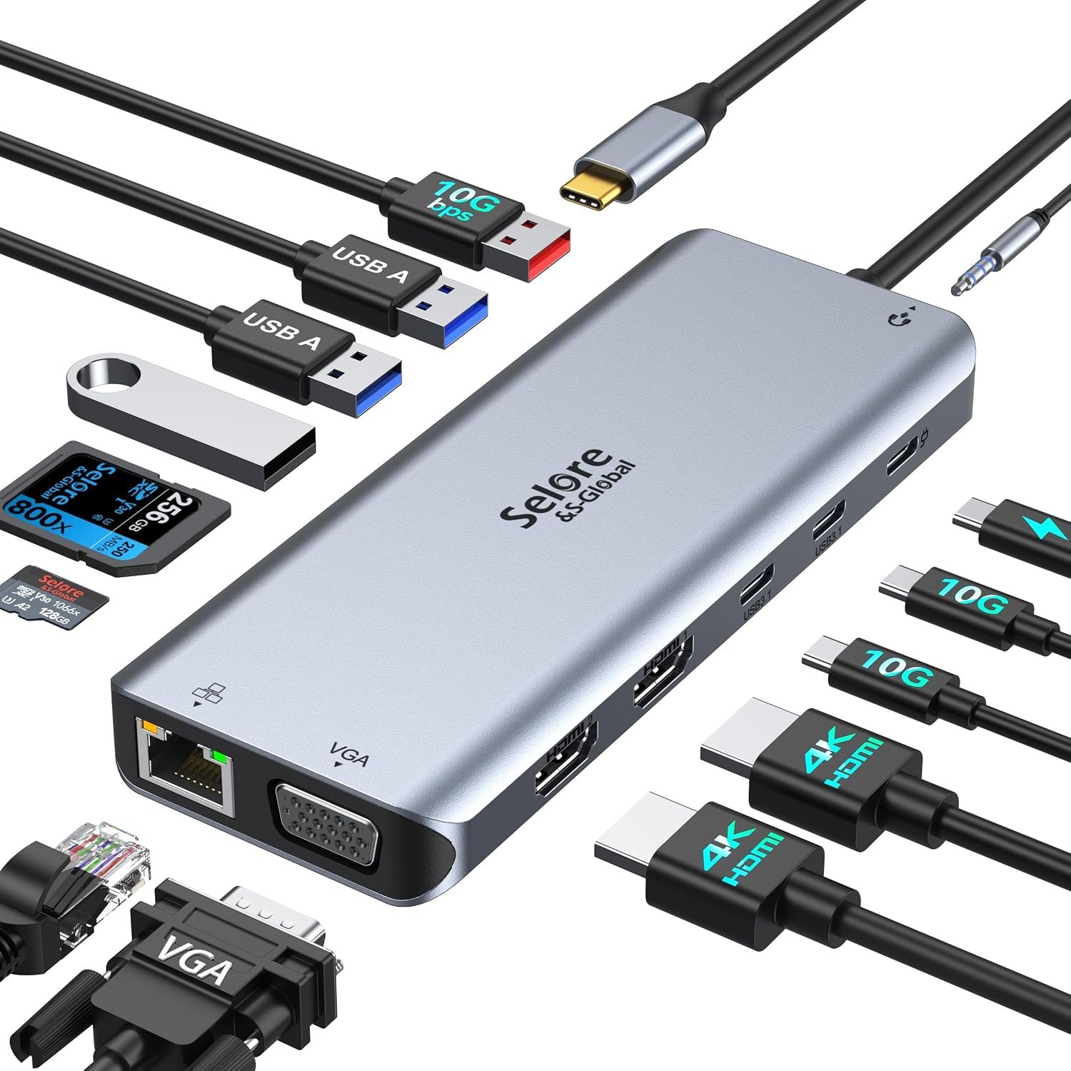 Selore USB C Docking Station Dual Monitor, 14-in-1 Laptop Docking Station | Docking Station 3 Monitors with 2 HDMI, VGA, 10G USB A/C, 100W PD, 6 USB A/C Ports, USB C Hub Multiport Adapter for Windows