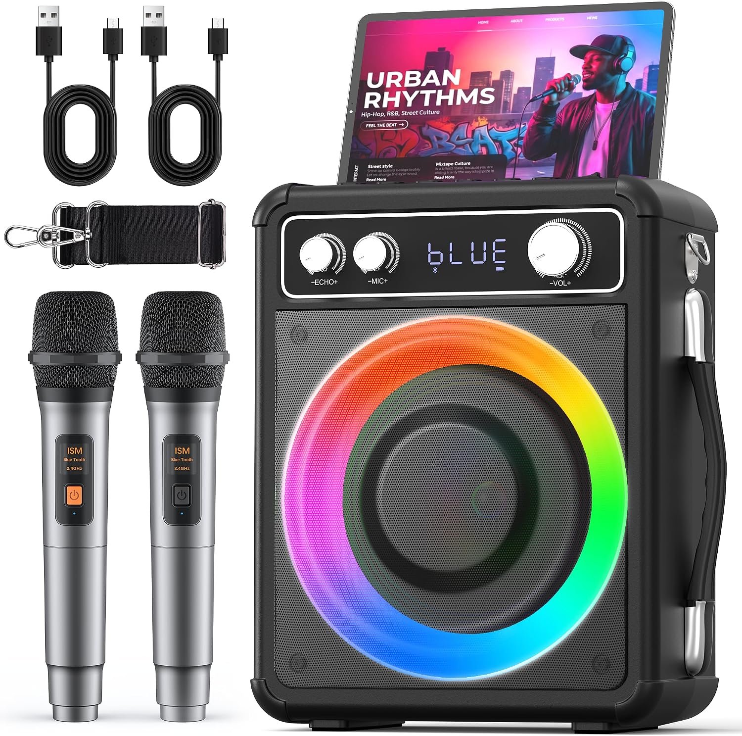 VOSOCO Karaoke Machine, Bluetooth Speaker with 2 Wireless Mics for Adults | 2026 Portable PA System with LED Light, Supports TWS Echo Adjustment TF USB AUX Inputs for Birthday Home Party Outdoor Travel