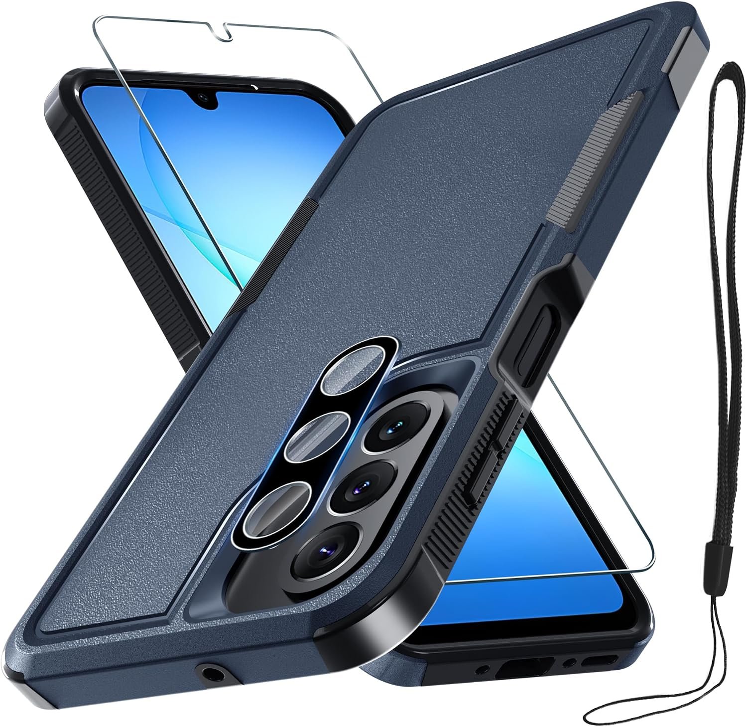 Case for Samsung Galaxy A17 5G Phone with Screen Protector,Navy Blue | Military Grade Heavy Duty Shockproof Phone Case,with Camera Lens Cover+Wrist Lanyard Strap for Sam A17