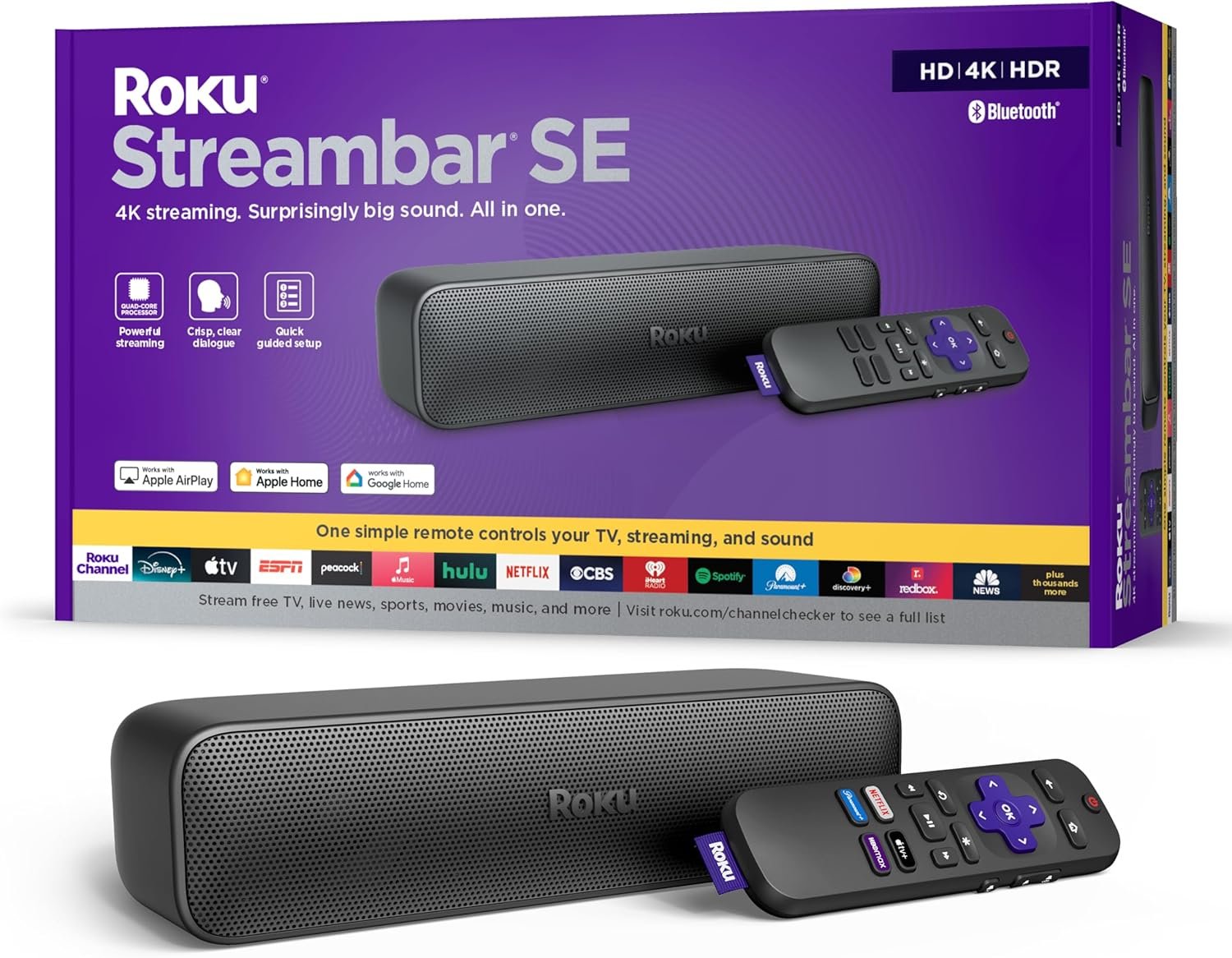 Roku Streambar SE, 4K Soundbar with Built-in Streaming Device | TV Soundbar with Built-in 4K/HD/HDR Streaming & Front Facing Speakers – Included Remote Control