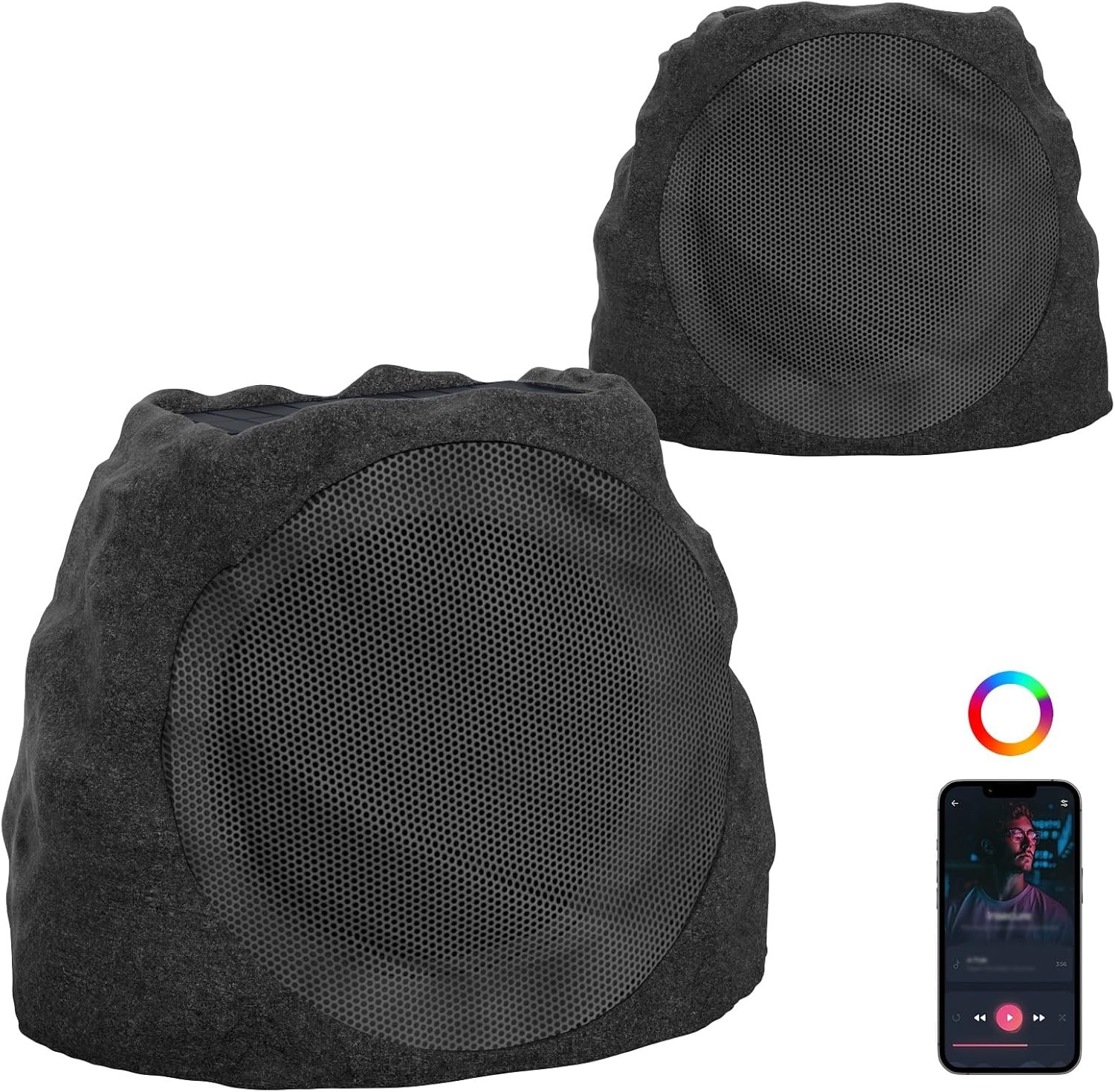 Outdoor Speakers Bluetooth Waterproof Patio TWS Connection Outdoor Bluetooth Speakers Wireless Solar Powered and Rechargeable Rock Speaker for Patio Pool,Backyard (Black, 2 Pack)
