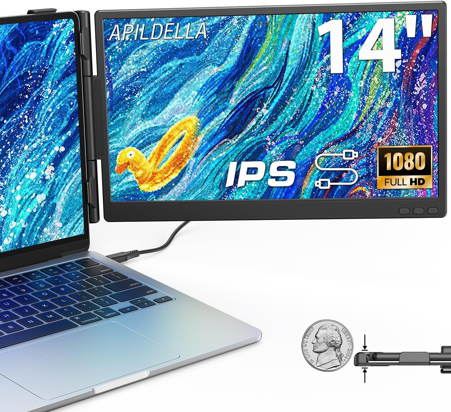 APILDELLA 14” Dual Laptop Screen Extender, 1080P FHD Laptop Extended Monitor Portable with Speaker, Plug-Play Second Monitor for 13-16” Laptops, Work with Mac, Window, Chrome