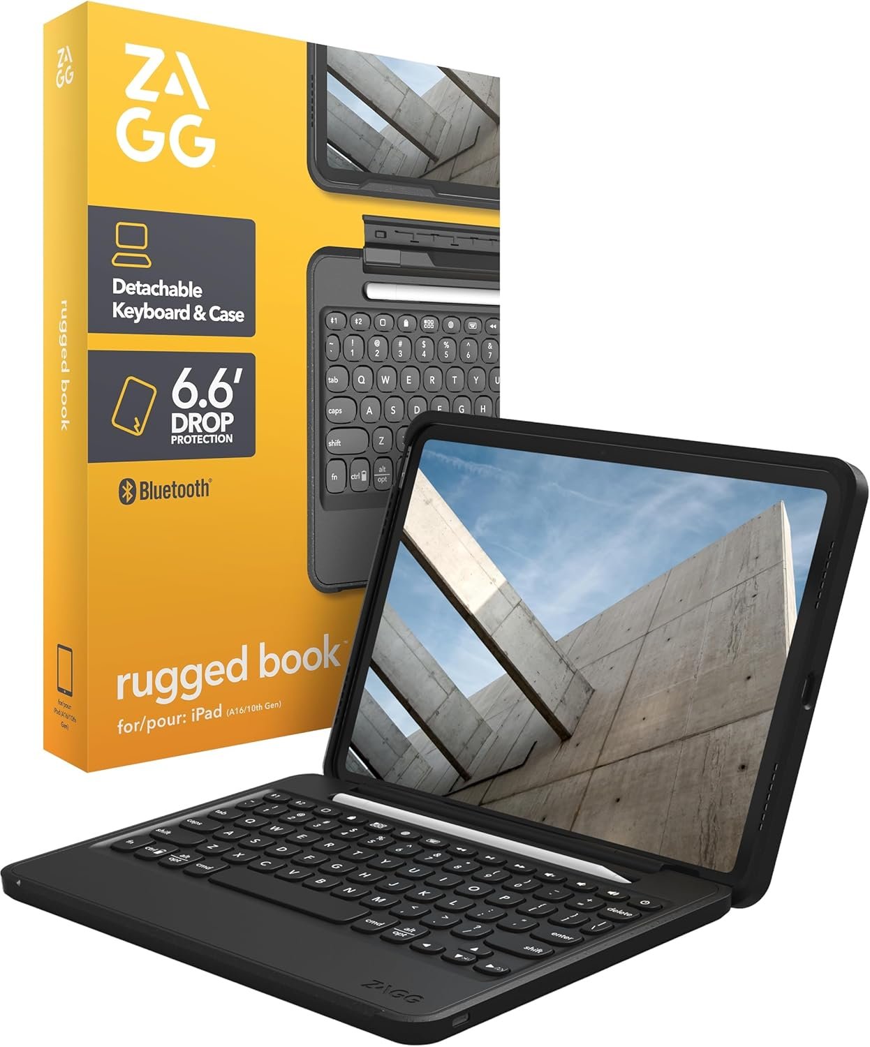 ZAGG Rugged Book iPad 11″ (A16)/ 10.9″ (Gen 10) Case – Durable Wireless Keyboard Case, Military-Grade Drop Protection, Multi-Device Pairing, Detachable Backlit Keyboard, Black