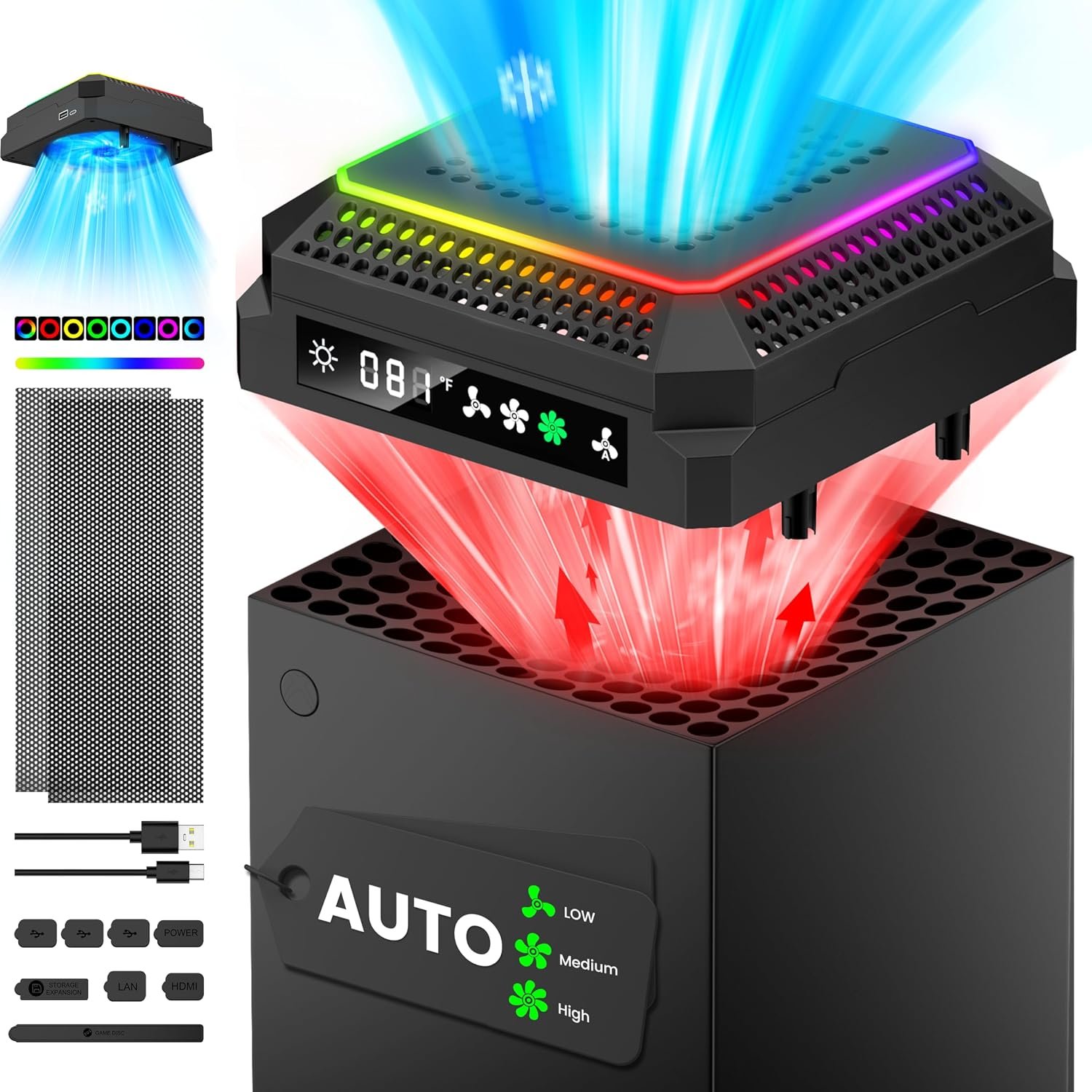 Auto Cooling System Compatible with Xbox Series X w LED Display Whisper Quiet Adjustable by Temperature, Series X Console Air Cooler Fan,2 USB Port,Rubber Dust Plugs for Xbox one cases