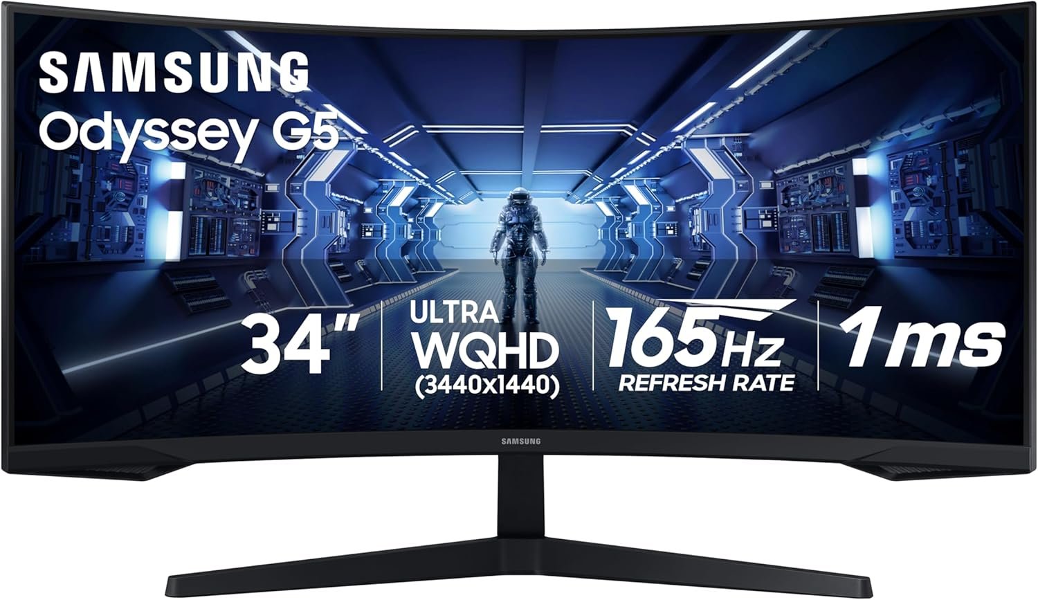 Samsung 34′ Odyssey G5 Ultra-Wide Gaming Monitor with 1000R Curved Screen | 165Hz, 1ms, FreeSync Premium, Large Display, Eye Comfort, Multiple Ports, WQHD (LC34G55TWWNXZA)
