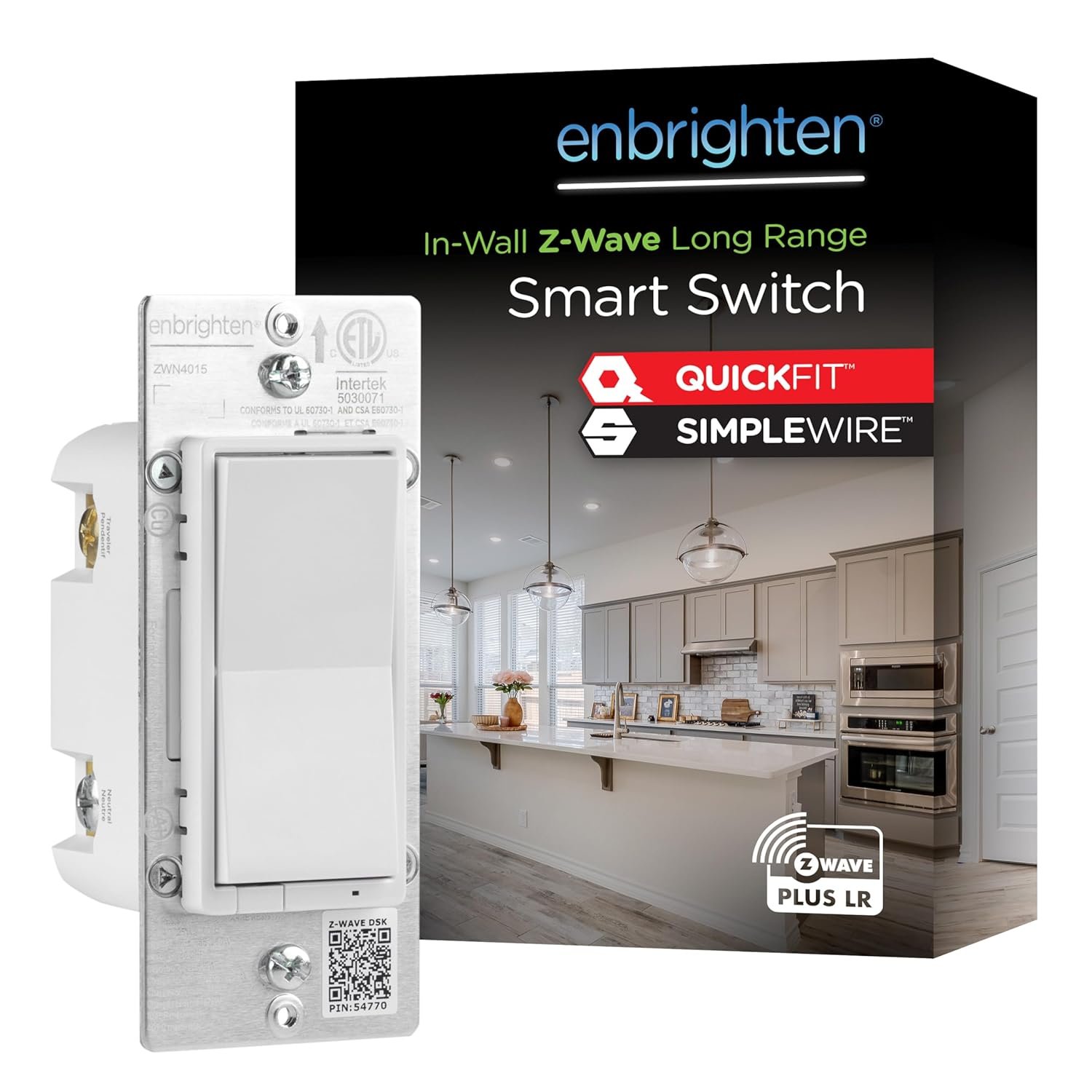 Enbrighten Z-Wave Long Range On/Off Switch, 800 Series, Paddle | QuickFit & SimpleWire, Direct 3-Way (No Add-On Needed), White or Light Almond, Hub Required, Works with Alexa & Google Home