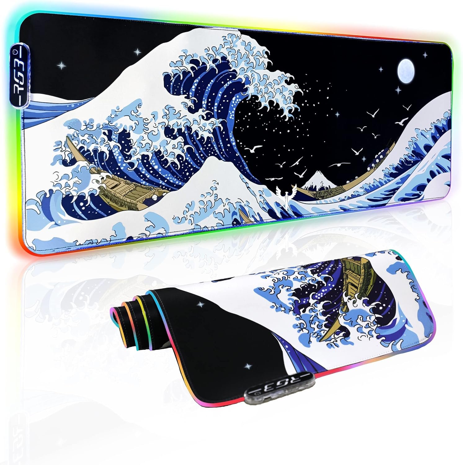 Gaming Laptop Mouse Pad,Sea Wave Big Mice Pads PC Keyboard Waterproof and Non-Slip 31.5 x 11.9 0.12″ Thick XL,XXL Rubber Table Mat, RGB Led with 10 Lighting Modes+9 Color Changing Modes Mat