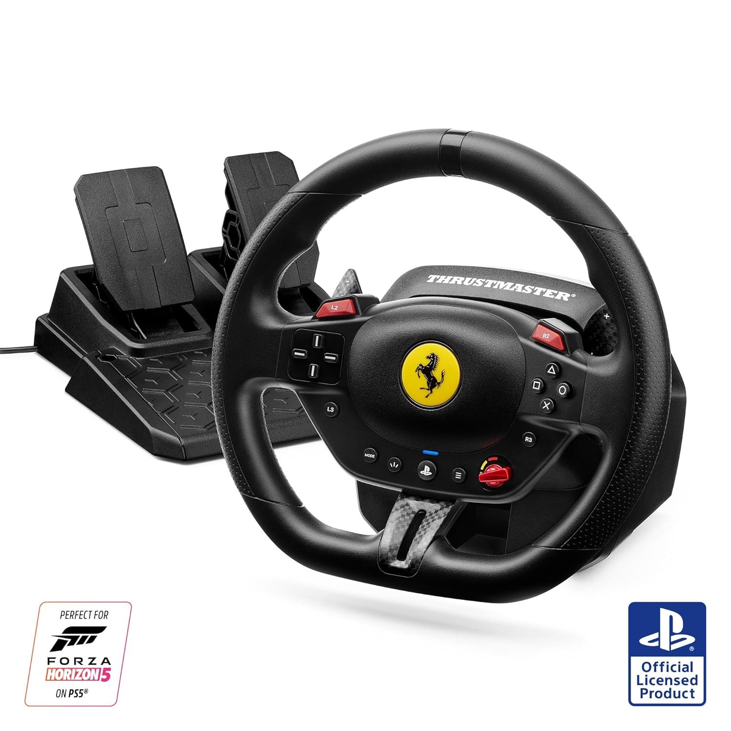 Thrustmaster T98 P Ferrari Licensed Racing Wheel & Pedal Set – PS5 & PC | 240-degree rotation, bungee-cord resistance, paddle shifters, 3 driving modes, Hall-Effect sensors, tool-free desk clamp