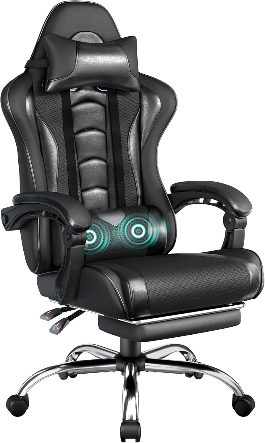 Yaheetech Gaming Chair with Footrest Massage Lumbar Pillow Reclining Black | Foam-padded PU leather racing seat and plush headrest recline with a slide-out footrest; metal frame supports up to 300 lb.