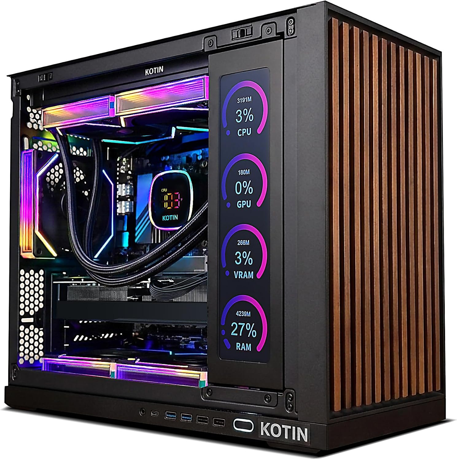 KOTIN Prebuilt Gaming PC RTX 5070 12GB, Ryzen 7 9700X, 32GB DDR5, 1TB SSD | 11.3in Smart Display, 850W 80+ Gold PSU, 360mm Liquid Cooler, WiFi 7, 1440p 4K ARGB Windows 11 Gaming Desktop Computer