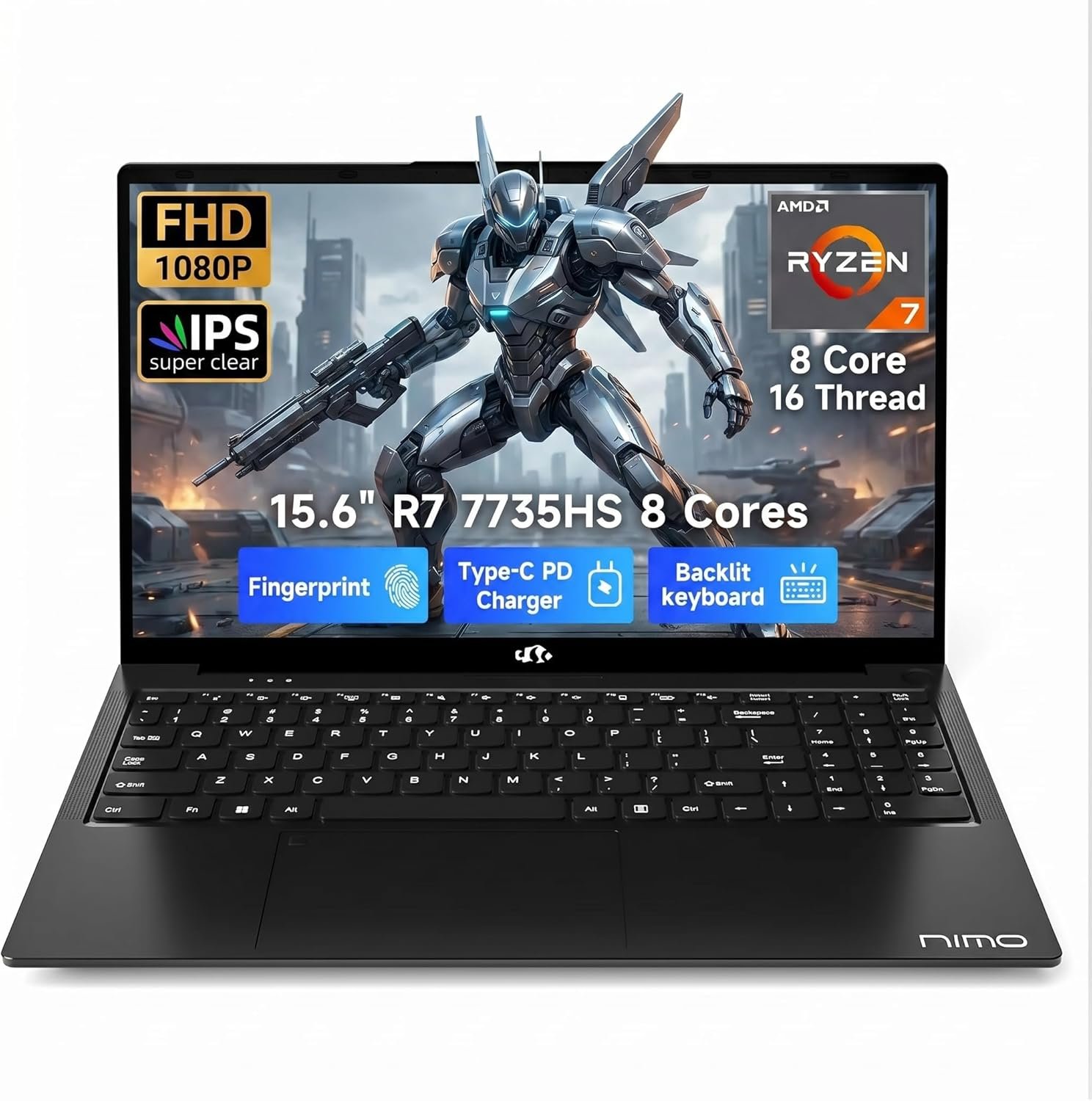 NIMO Gaming Laptop 15.6″, AMD Ryzen 7 7735HS (Boost 4.75GHz), 16GB DDR5 RAM, 512GB PCIe 4.0 SSD, Windows 11 Home, 1080P FHD Display, Backlit Keyboard, 100W PD Fast Charge, 2X Full-Function USB-C