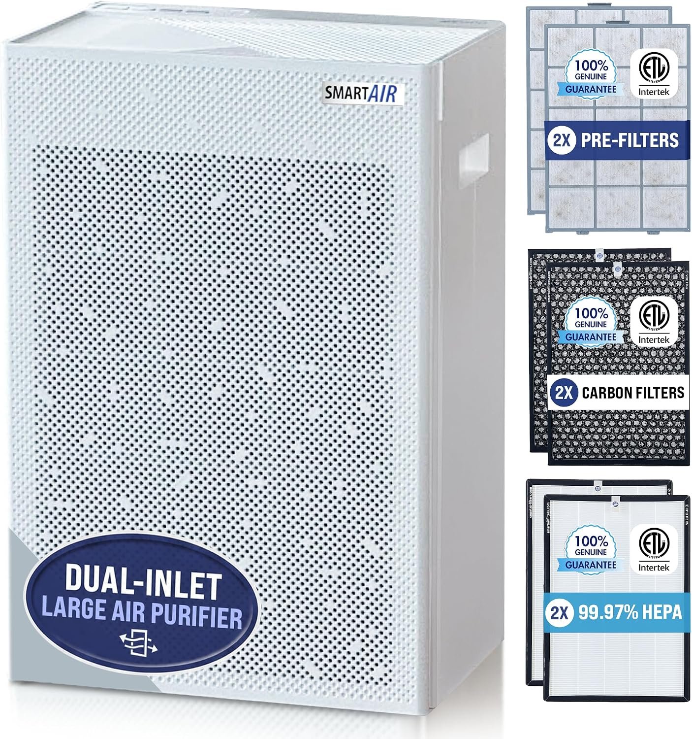 Smart Air SA600 Large HEPA Air Purifier for Pets, Cleans 2400 ft²/hr, For Homes, Offices, Dual Inlet, 2X 99.97% H13 HEPA, 2X Carbon Filters, Washable Pre-Filters for Pet Hair, Allergens,Odors,Gases