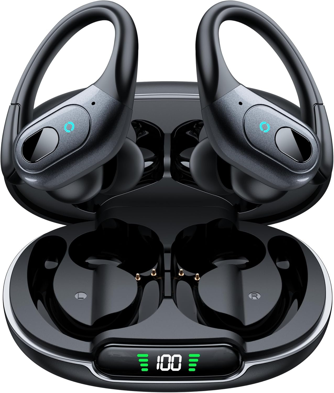 occiam Active Noise Cancelling Earbuds Wireless Bluetooth Headphones Ear Buds 90Hrs Playback Stereo Bass Earphones with Mic Over-Ear Hooks IPX7 Waterproof Headset for Work Sports Running Matte Black