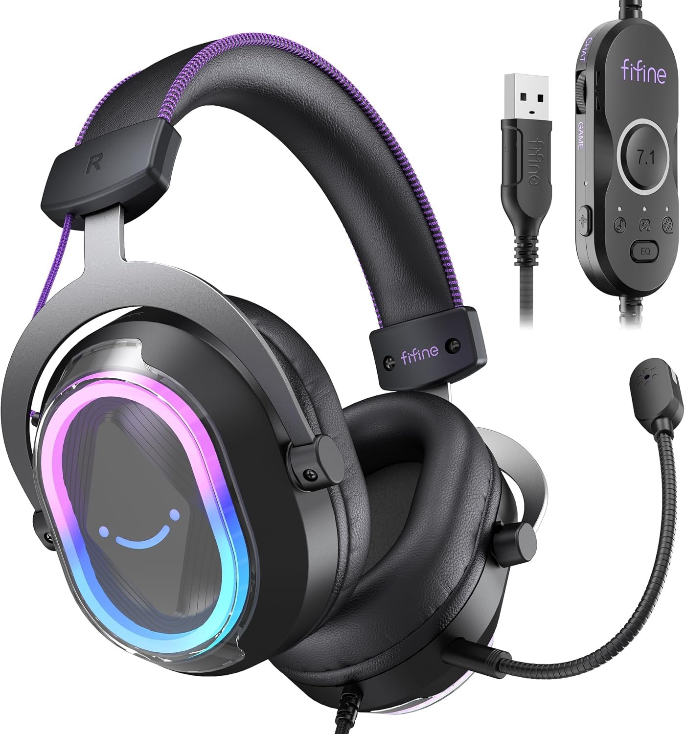 FIFINE Wired Gaming Headsets: 7.1 Surround Sound – Vibrant Customizable RGB – Game/Chat Balance, USB Gamer Headphones with Noise Canceling Microphone for PC, PS5/PS4, Laptop, Mac – AmpliGame H13BP | Large 50mm drivers, Crisp 7.1 Surround, Ergonomic Earpads, Active Noise Canceling Mic, 11 Modes RGB, 3 EQ Modes