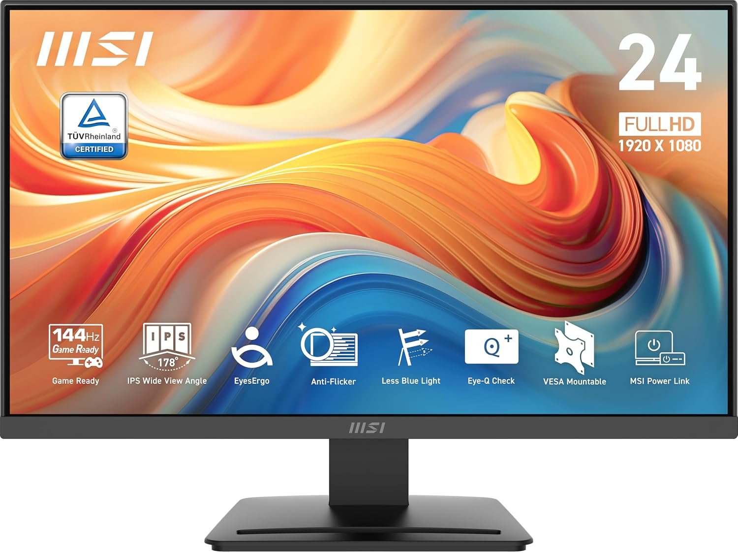 msi PRO MP243L E14 24-inch IPS 1920 x 1080 (FHD) Gaming Office Monitor, 144Hz, Free-Synch, HDR Ready, HDMI, VGA Port,VESA Mountable, Tilt, 4-Side Slim Bezel,1ms, Black
