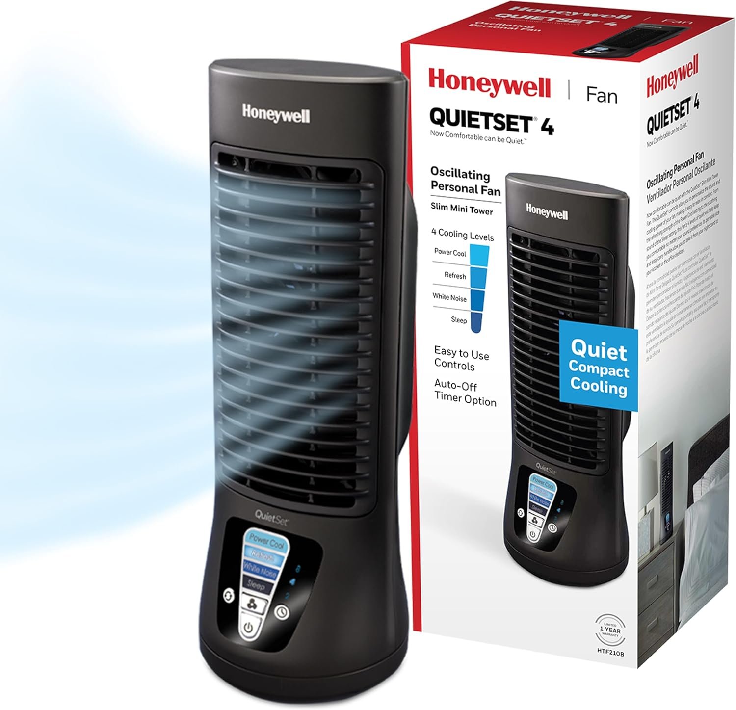 Honeywell QuietSet Personal Table Fan, Oscillating Personal Desk Fan For Bedroom with Quiet Operation, 4 Levels of Power and Sound, Black, HTF210B
