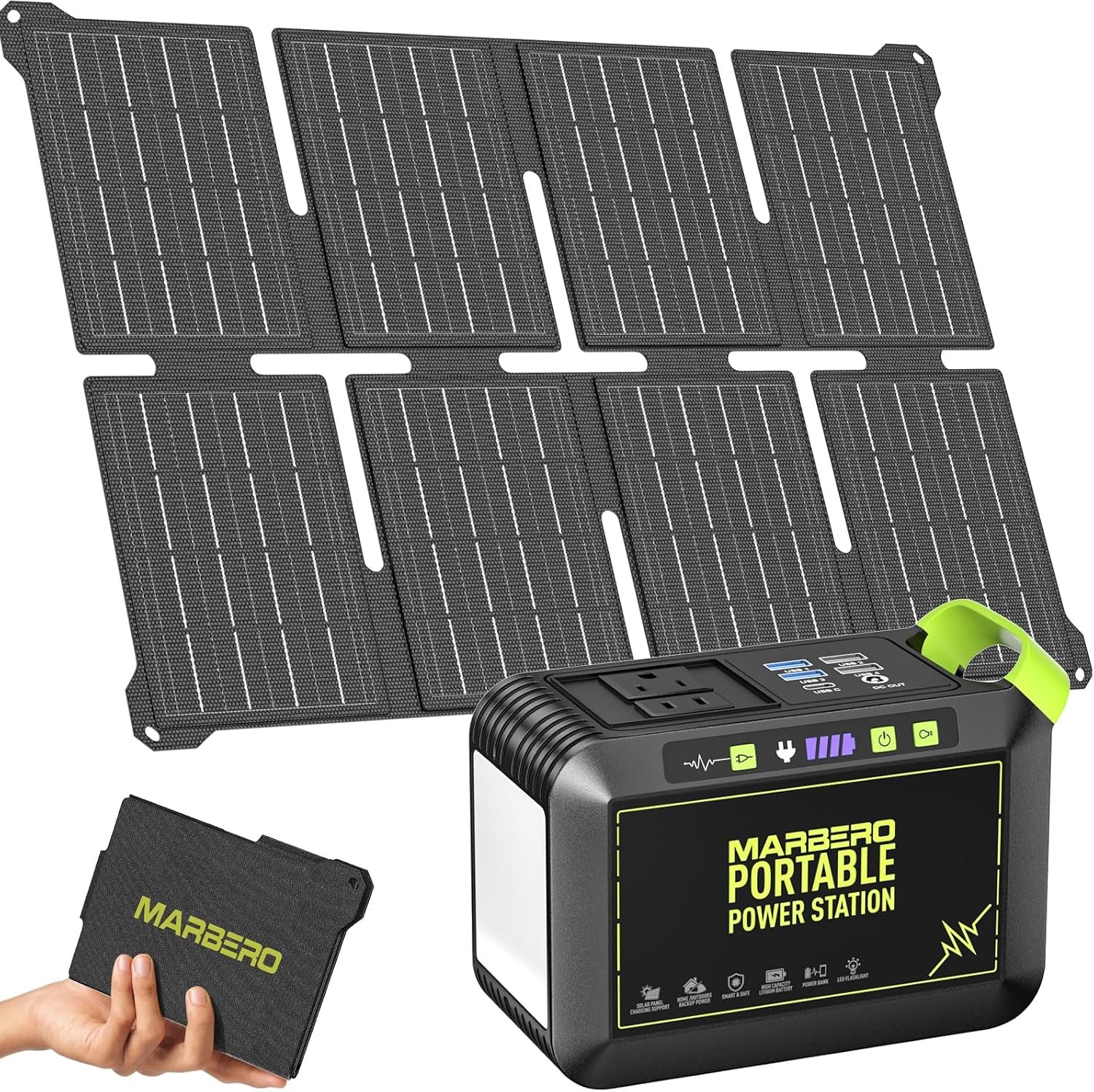MARBERO 80W Solar Powered Generator with Panels 25W Included, 88.8Wh Portable Power Station with AC Outlet 120W Peak Fast Charging 110V for Camping Outdoor Home Backup Backup RVs