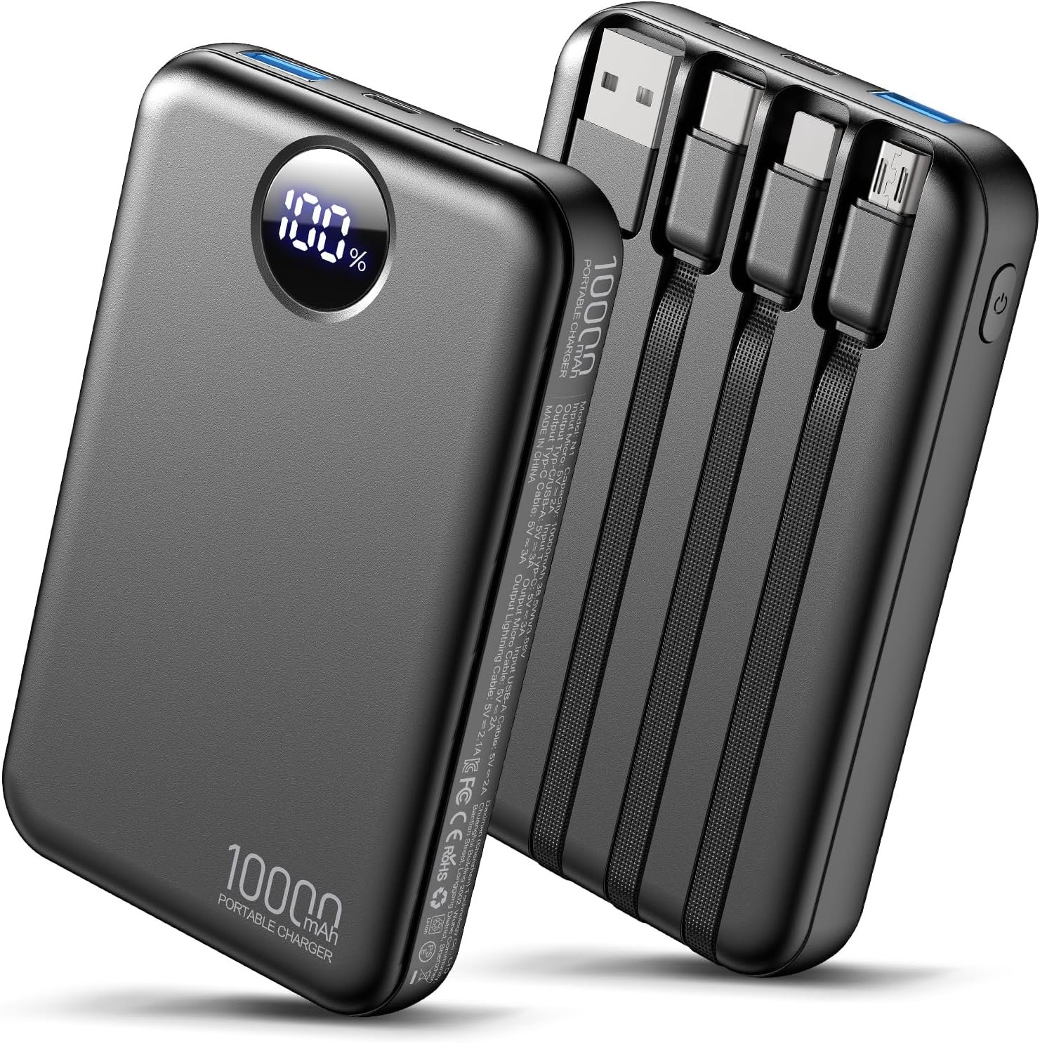Portable Charger with 4 Built-in Cables Power Bank 40% Smaller 10000mAh Fast Charging Battery Pack,LED Display Compact with Multiple USB Ports Travel Charger for iPhone Other Devices-Black