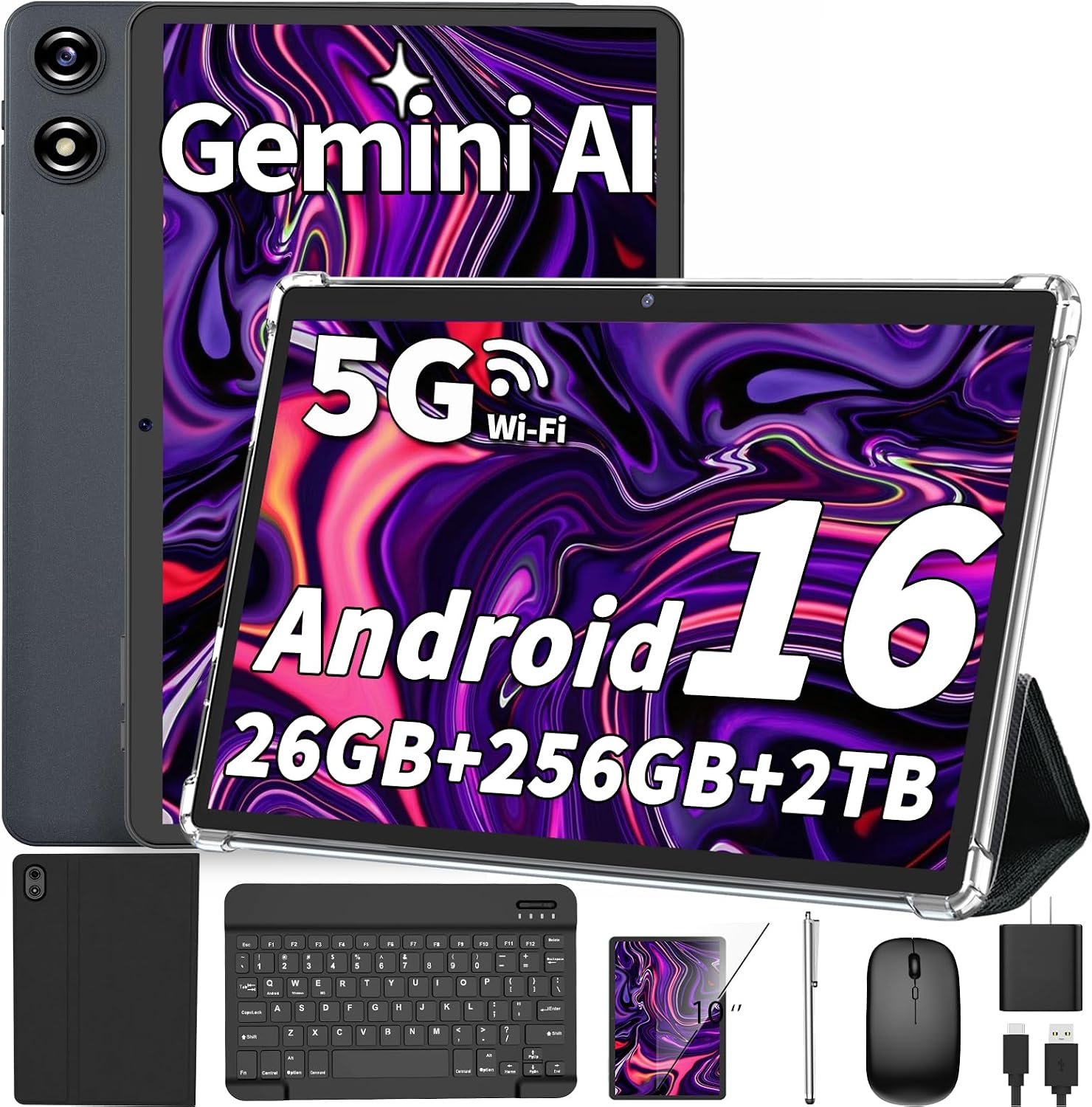 Android Tablet 10 inch, 2026 Android 16 Tablet with Keyboard, 26GB+256GB (2TB Expand), Gemini AI Tablet with 8-Core, 8000mAh, 5G WiFi, Widevine L1, 2 in 1 Tablets PC with Case/Mouse/Stylus-Black Case