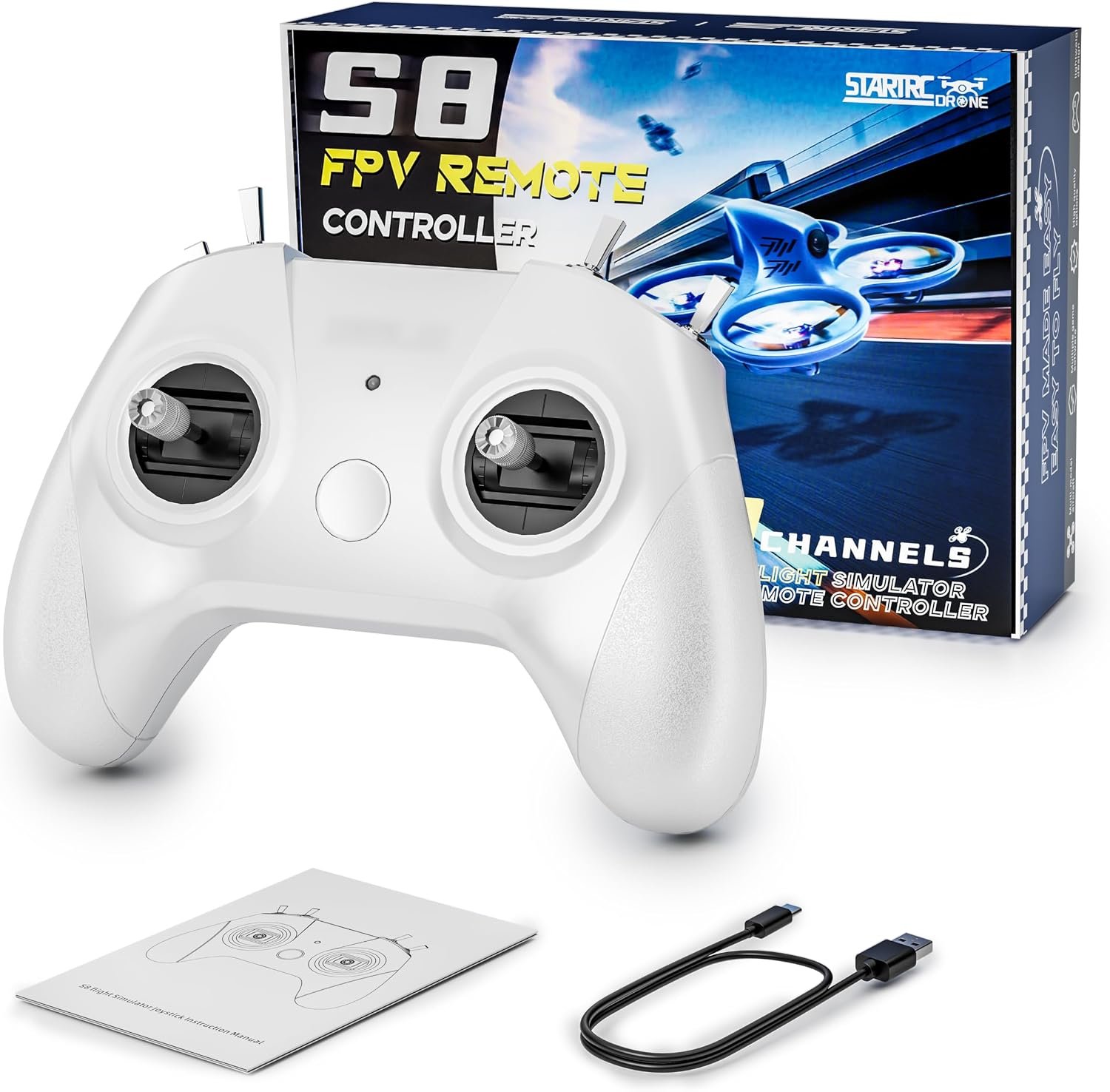 FLYDrone S8 FPV Simulator Controller for Windows PC, USB-C Drone Flight Simulator Joystick, 8-Channel Mode 2 RC Training Remote with Non-Centering Throttle for Liftoff/DRL/Uncrashed (White)
