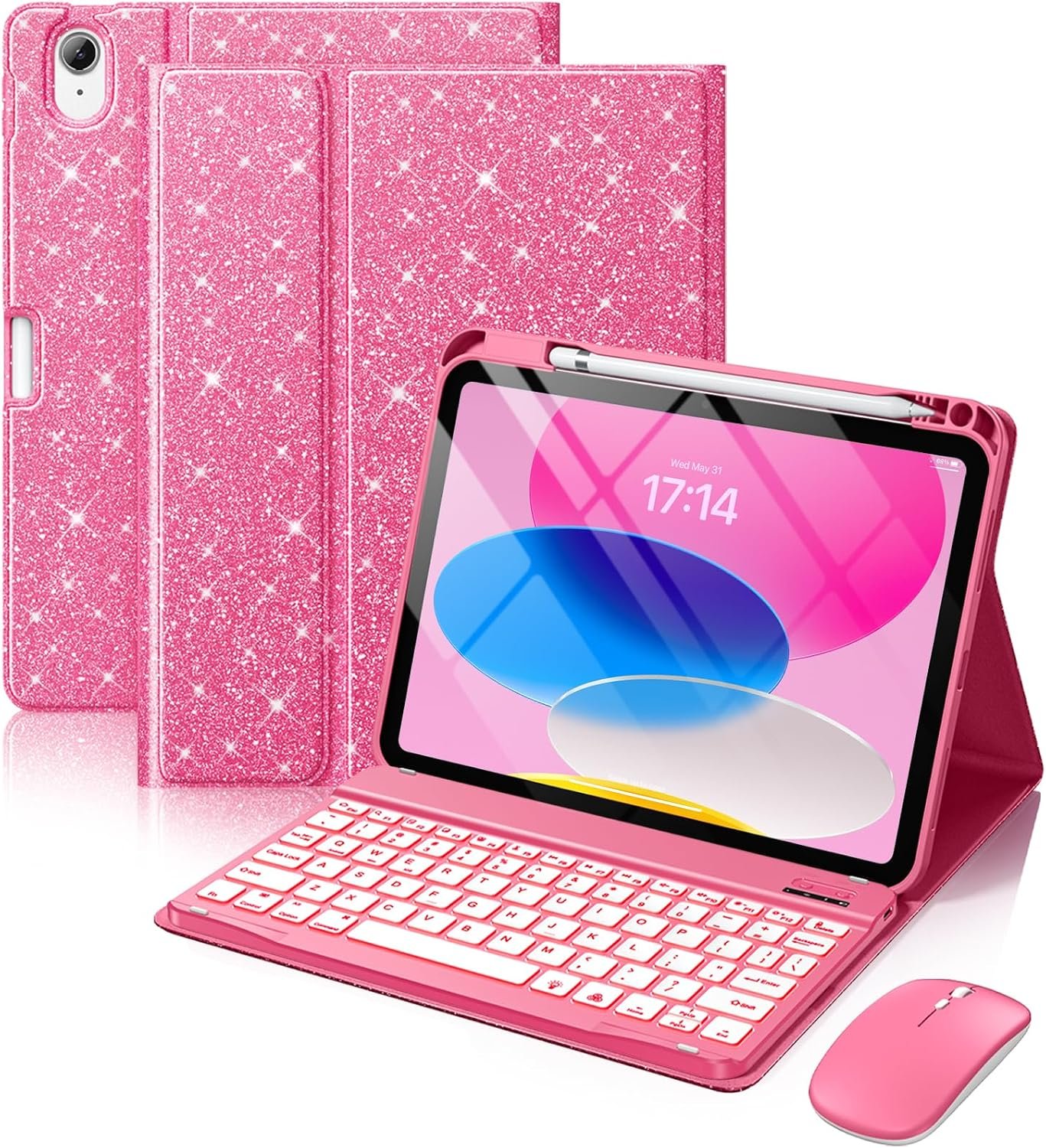 Hamile for iPad A16 Case with Keyboard – Mouse Backlit Wireless Detachable Keyboard Glitter Folio Cover with Pencil Holder for iPad 11th Gen A16 11-inch 2025 10th Generation 10.9 Inch 2022 – Pink