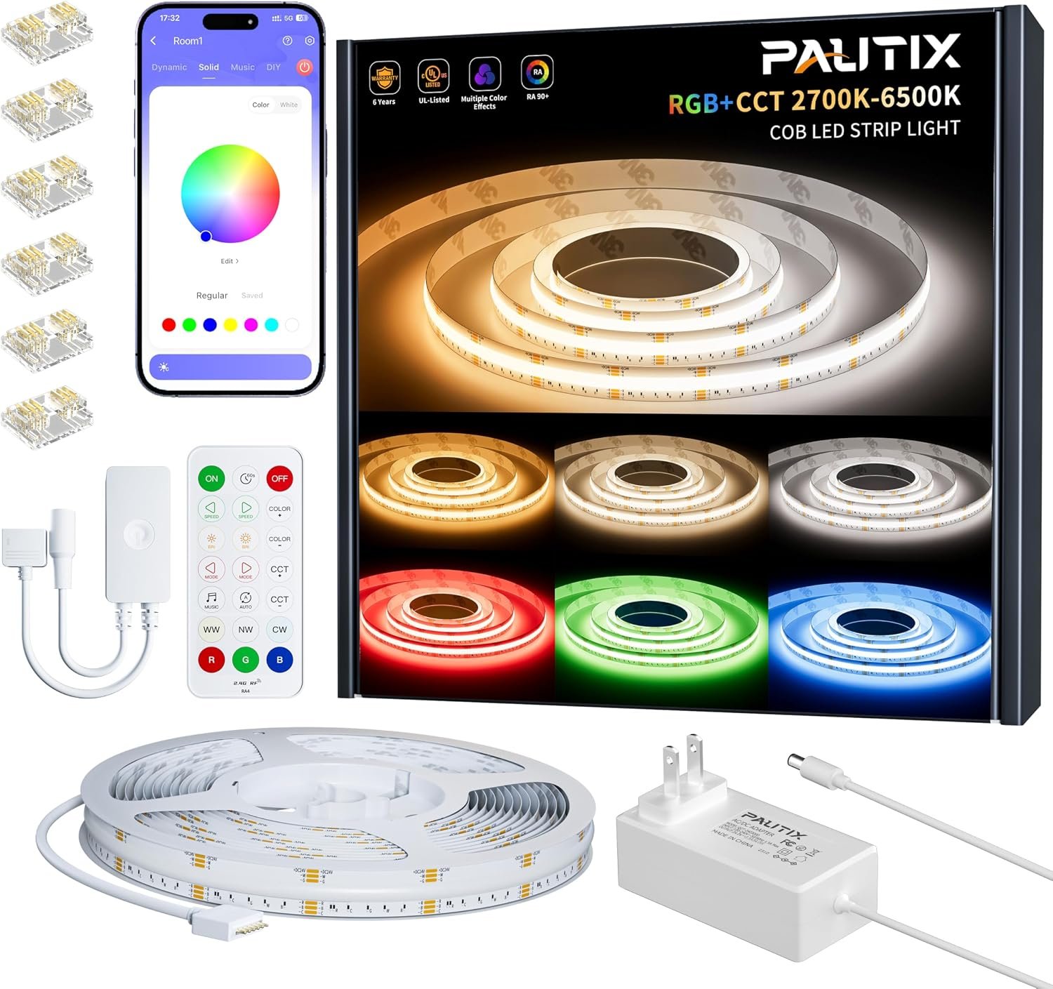 PAUTIX COB LED Strip Lights,20ft RGB+CCT 2700K-6500K White LED Lights,Dimmable Color Changing RGB LED Strip Light,with Remote/APP Control,for Kitchen Cabinets,Ceiling,Party DIY Lighting Projects