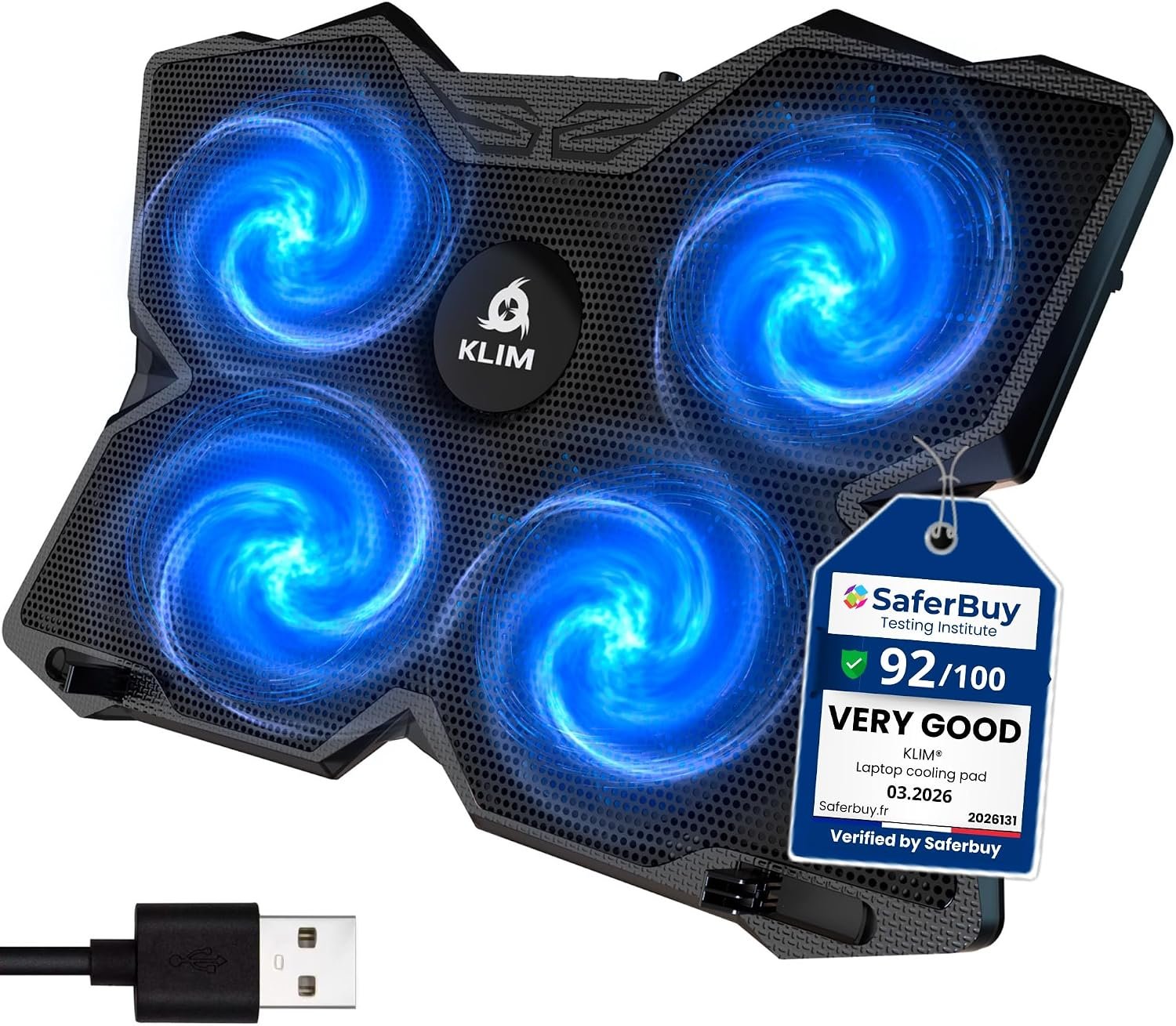 KLIM Wind Laptop Cooling Pad – More Than 500 000 Units Sold – New Version – The Most Powerful Rapid Action Cooling Fan – Laptop Stand with 4 Cooling Fans at 1200 RPM – USB Fan – PS5 PS4 – Blue