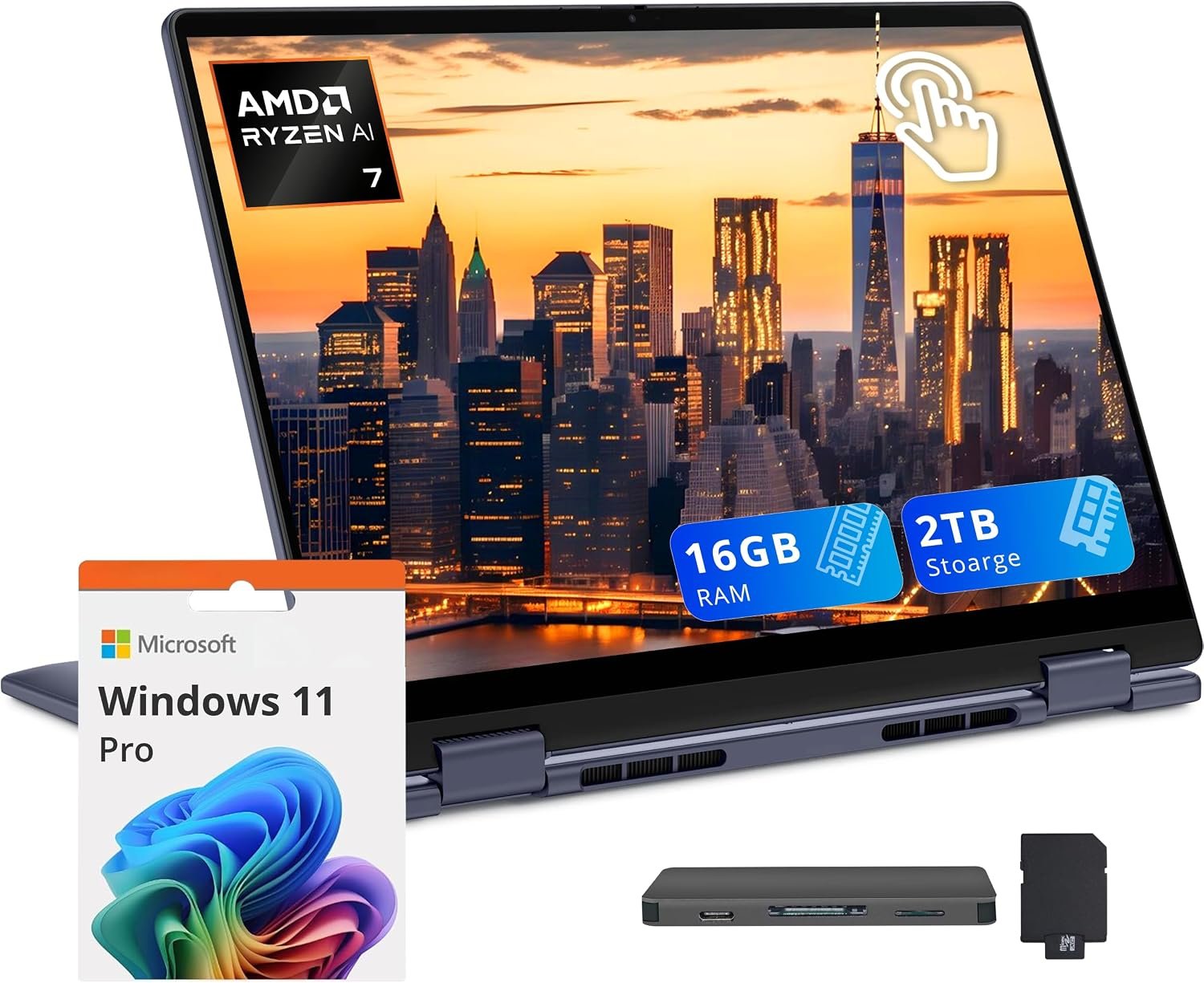 Dell Plus 14″ 2K 2-in-1 Touchscreen Laptop, AMD Ryzen AI 7 350, 16GB RAM, 2TB Storage (1TB SSD+1TB Docking Station Set), AMD Radeon 860M, Copilot, Backlit Keyboard, Fingerprint, Win 11 Pro, Blue