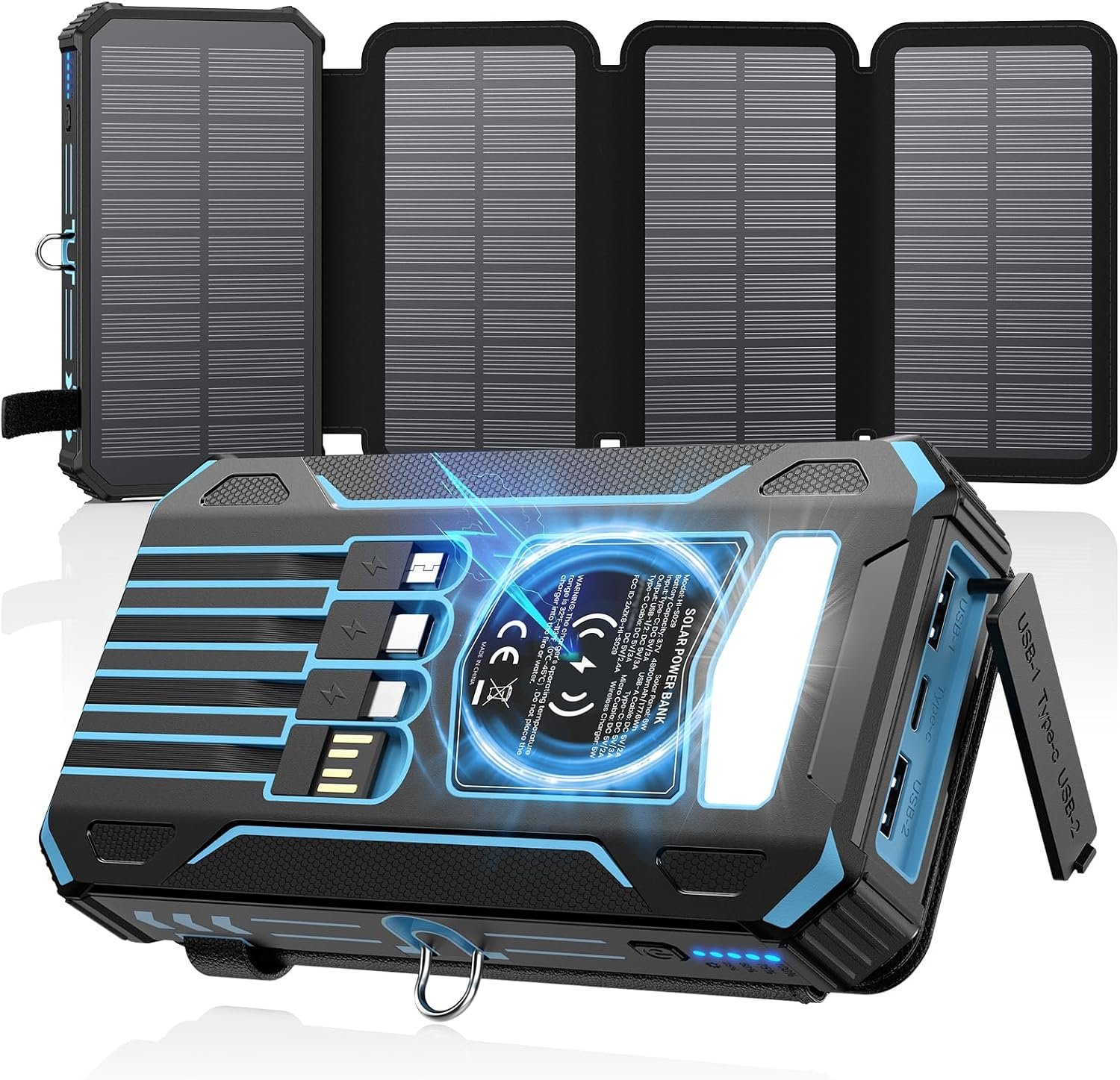 SOARAISE Solar Charger Power Bank – 48000mAh Wireless Portable Charger Built-in 4 Cables and 4 Solar Panels, PD QC 3.0 Fast Charging USB C Battery Pack with Flashlight for Camping Travel (Blue)