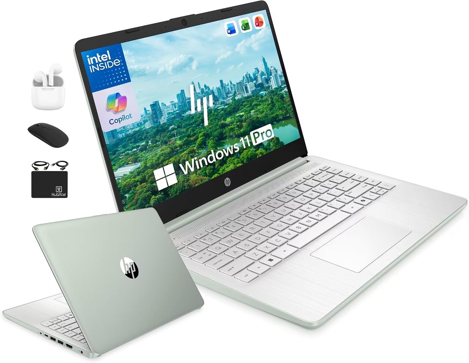 HP 14″ Laptop Computer for 2026 Student Business Productivity, MS Office & Win 11 Pro, Copilot AI, Intel 4-Core CPU, 4GB DDR5 RAM, 628GB Storage (128GB UFS+500GB Ext), Wi-Fi 6, HubxcelAddon, Green