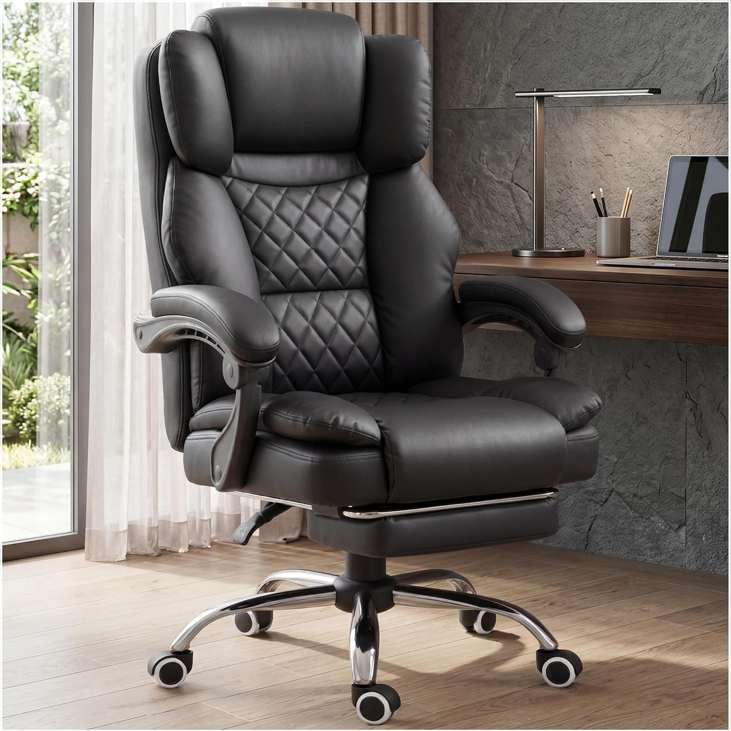 GTPLAYER Executive Office Chair Big and Tall Leather Gaming Chair with Pocket Spring Cushion & Ergonomic Lumbar Support for Lower Back Pain Relief, Comfy Desk Chair with Footrest, Matte-Black