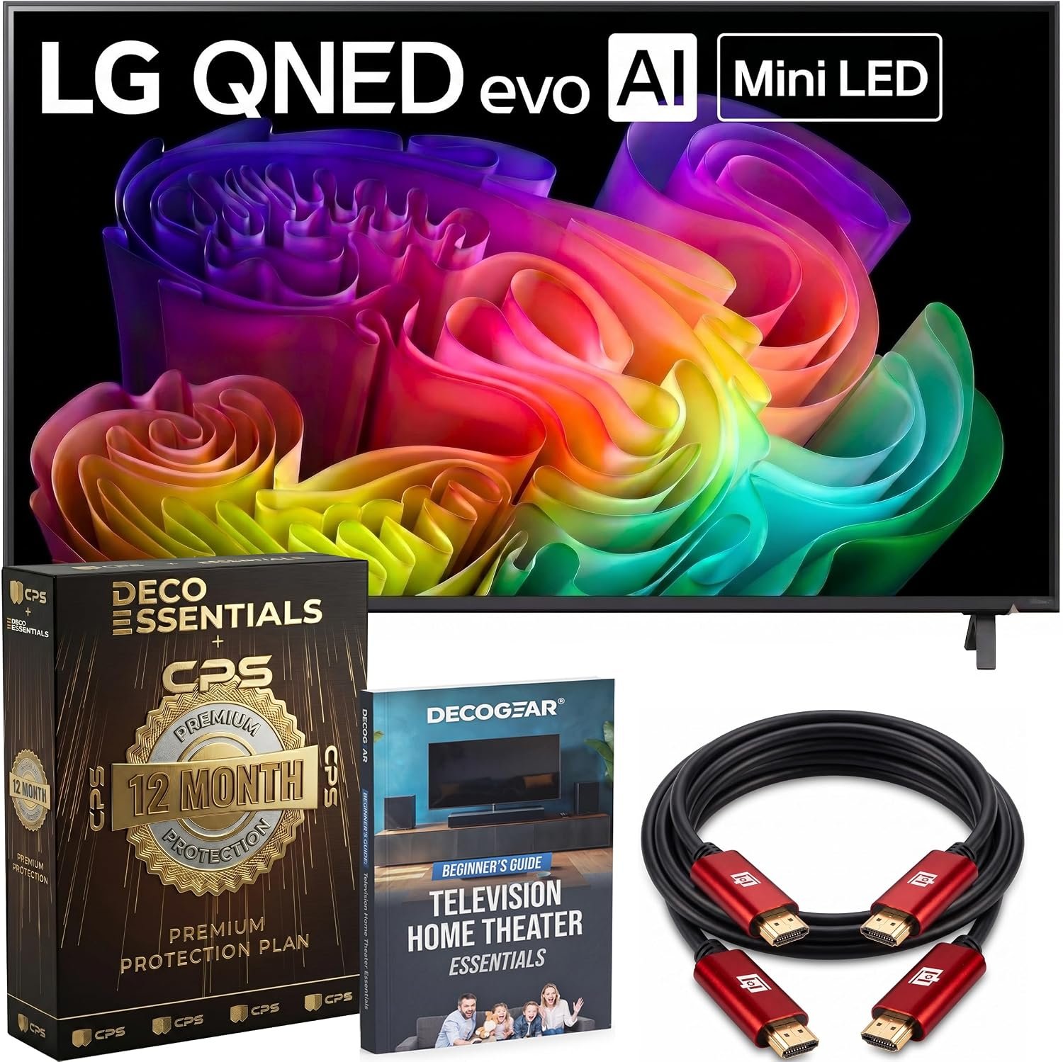 LG 65-Inch QNED evo AI Mini LED 4K Smart TV with a8 Gen3 Processor, Quantum Color, Dolby Vision, Dolby Atmos & 144Hz VRR Gaming Bundle with Deco Essentials 1-Year Extended Protection and HDMI Cables
