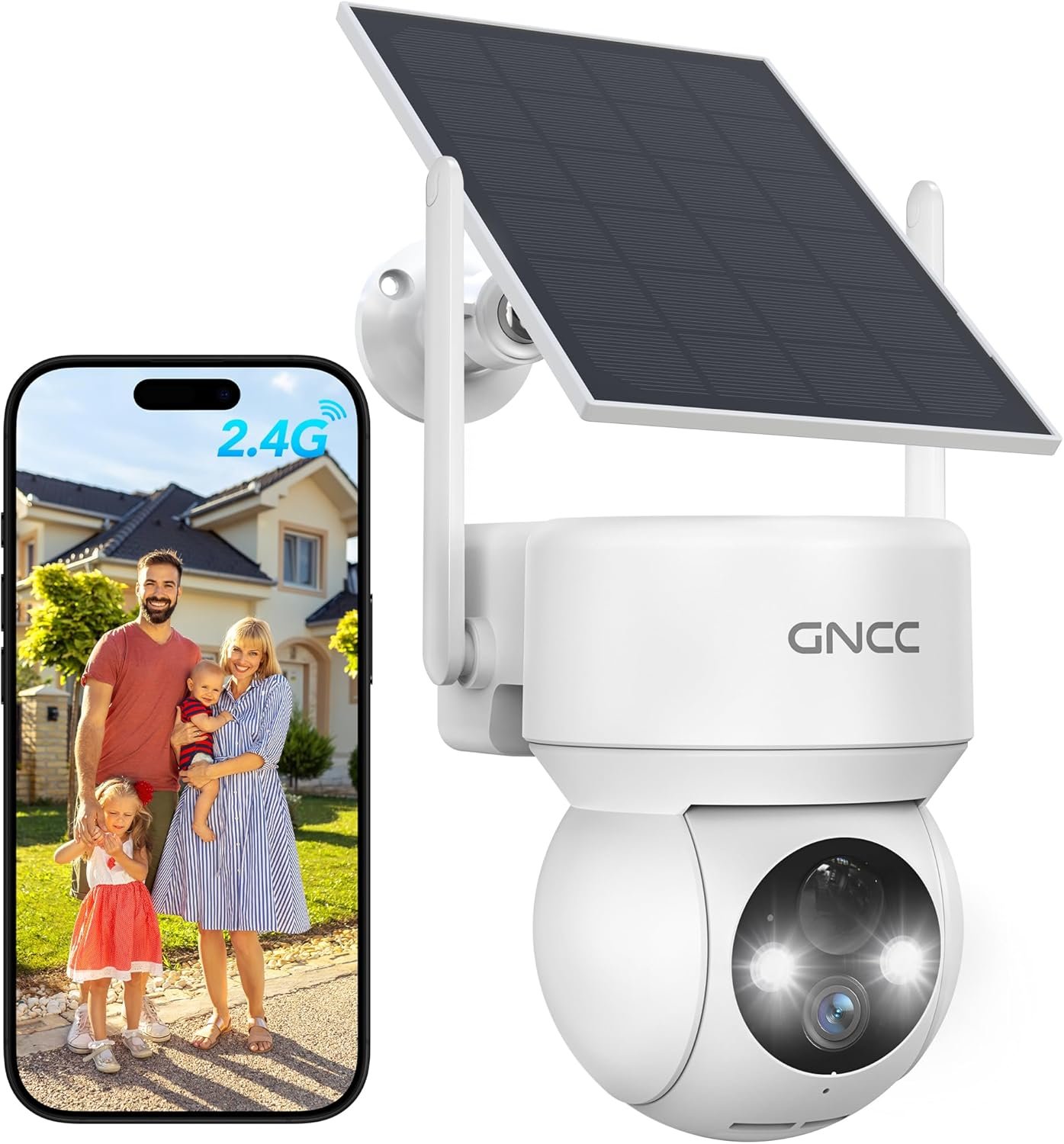 GNCC Solar Security Cameras Wireless Outdoor 2.4G WiFi, SD/Cloud Storage | Solar/battery powered 360° cameras with color night vision, event-triggered detection, spotlight siren alarm, IP65 waterproof