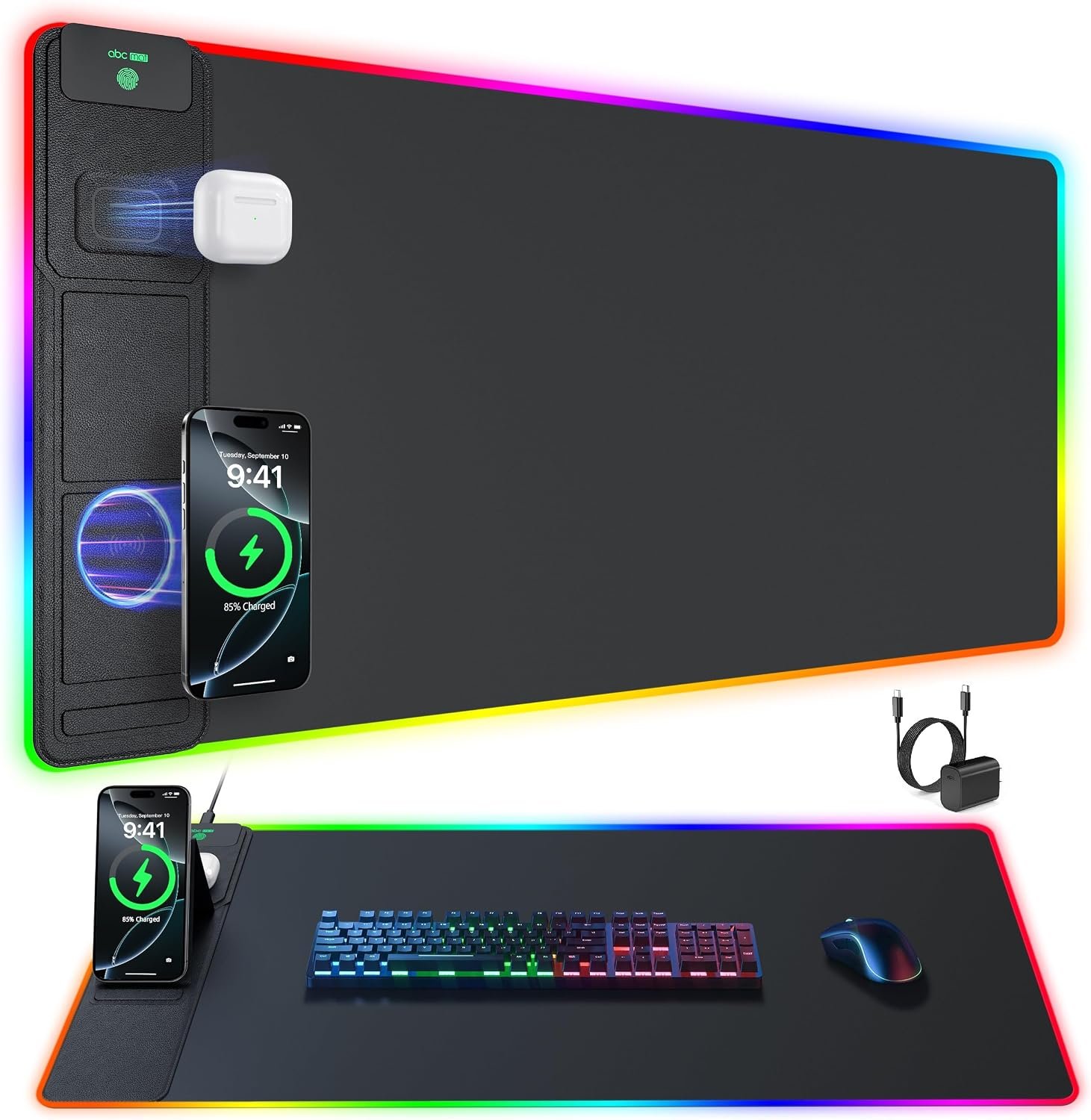 Wireless Charging Mouse Pad with Phone Stand, 31.5″x15.8″ Large | Gaming Mousepad RGB Desk Mat, Smooth Glide, Stitched Edge, Non-Slip Rubber Base, Waterproof Keyboard Mat, with Adatper