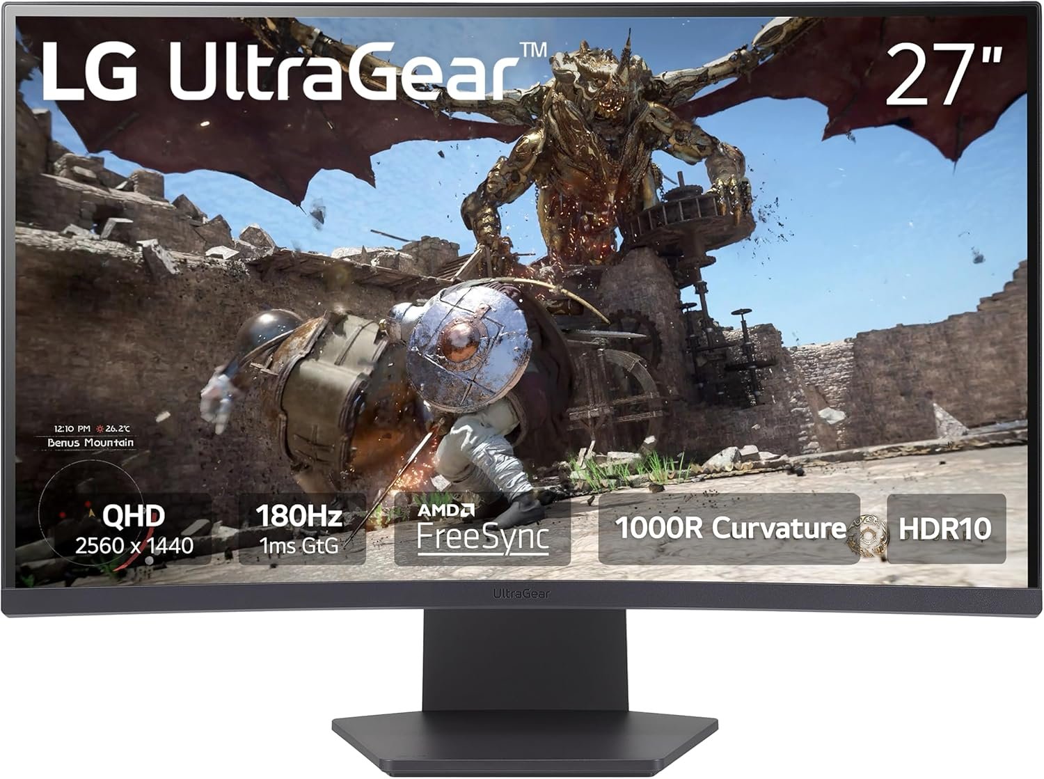 LG 27GS60QC-B Ultragear 27-inch Curved Gaming Monitor QHD (2560×1440) 180Hz 1ms 1000R AMD FreeSync HDR10 HDMIx2 DisplayPort Borderless Design Black Stabilizer DAS Crosshair FPS Counter – Black
